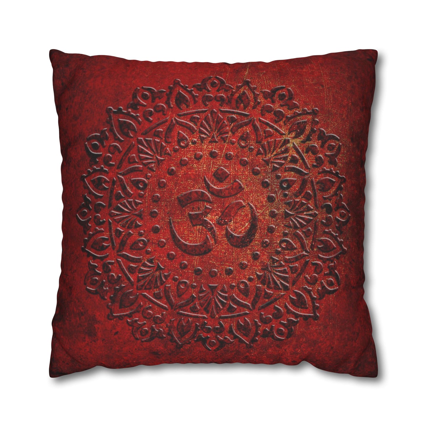 Om Symbol Mandala Style Print on Lava Red Background replacement Pillow Cover front with pillow insert