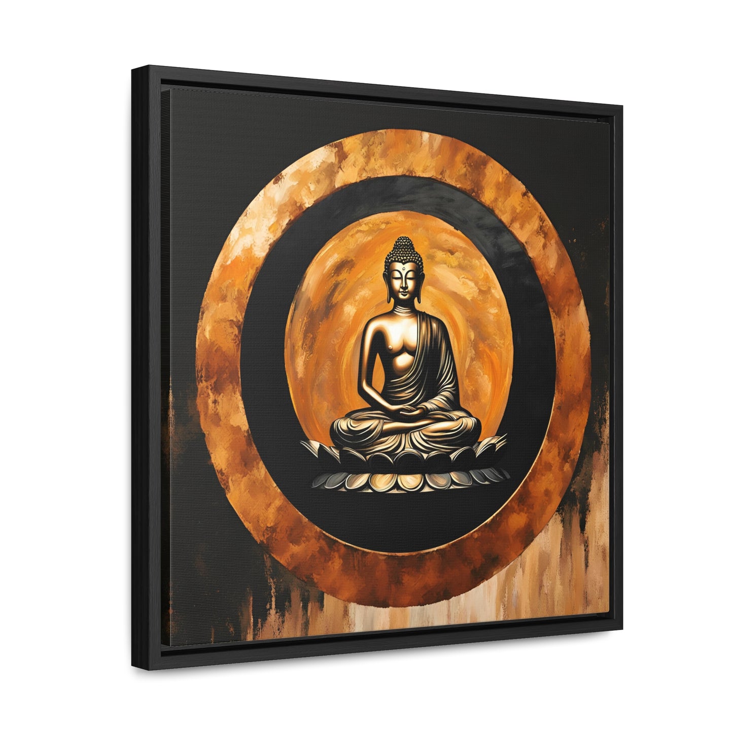 Golden Sitting Buddha in a Gold Enso Circle Print on Canvas in a Floating Frame - Spiritual and Meditation Wall Decor