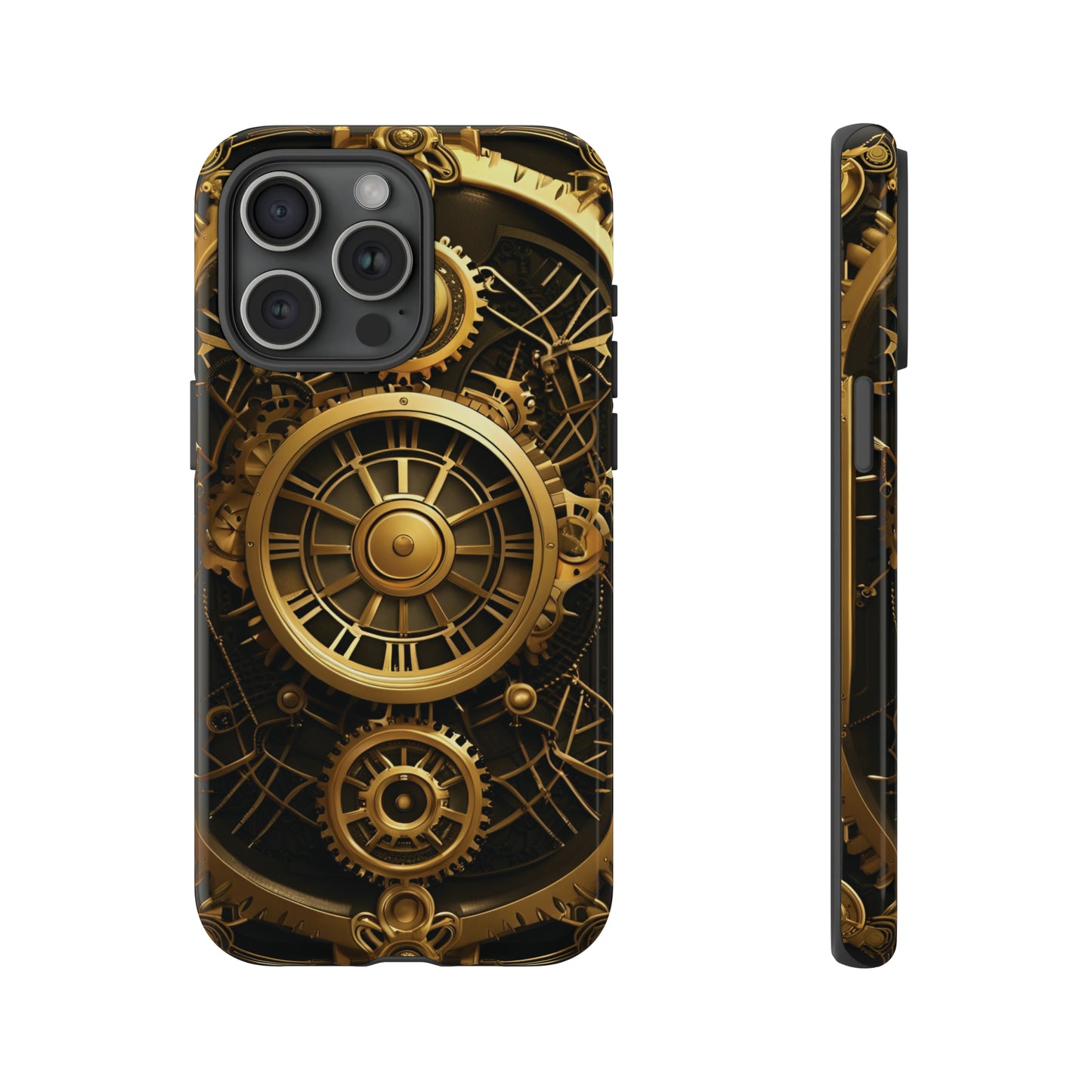 Art Deco Themed Steampunk Panel Gold and Copper Gears Panel Style Printed on Phone Case for iPhone 15 Pro Max front and side