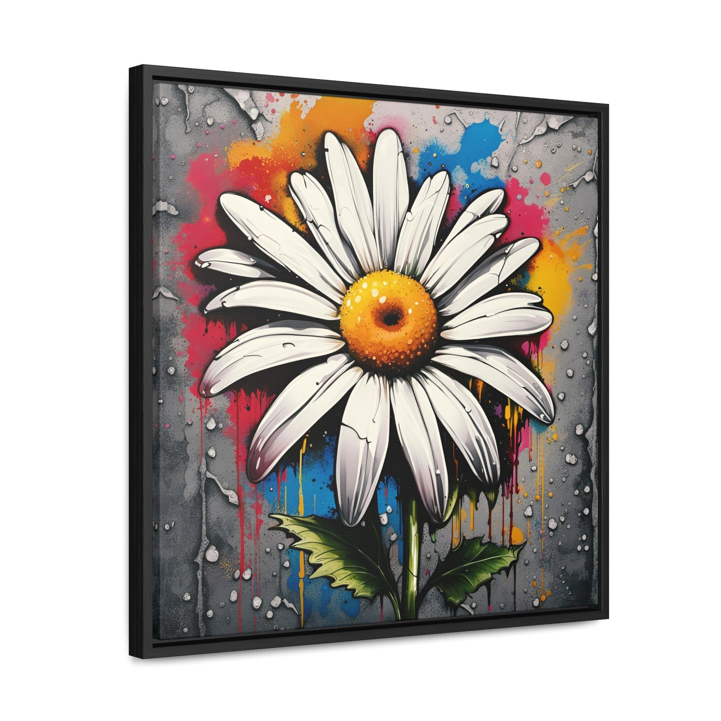 Floral themed Wall Art Print - Street Art Style Graffiti Daisy Printed on Canvas in a Floating Frame side view
