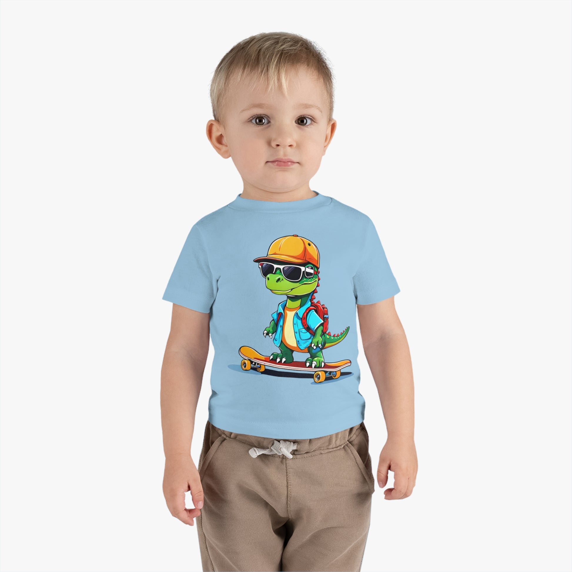 Dino Boy on Skate Board, Too Cool For School Infant Cotton Jersey Tee Light Blue on Boy