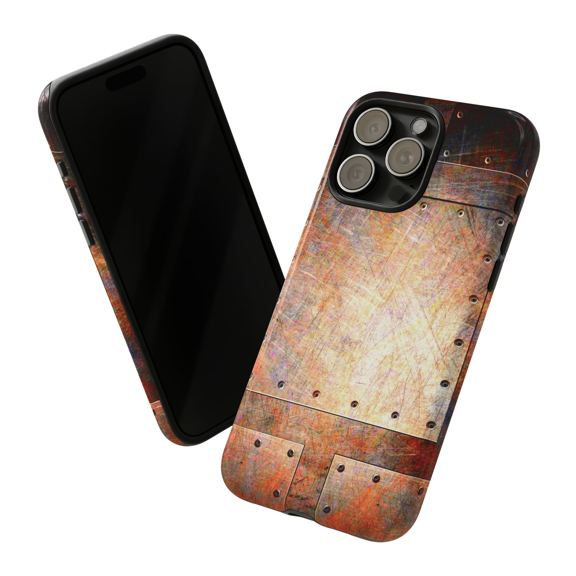 Steampunk Themed Distressed Riveted Metal Plates Print on Phone Case for iPhone 15 Pro Max