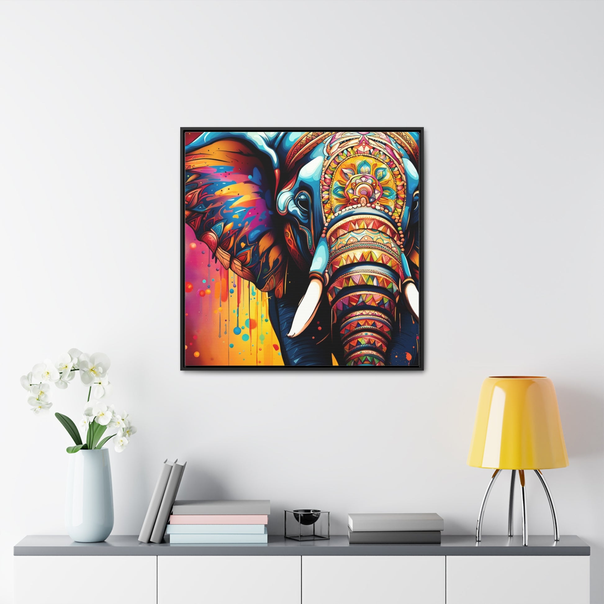 Stunning Multicolor Elephant Head Print on Canvas in a Floating Frame 30x30 hung on light wall