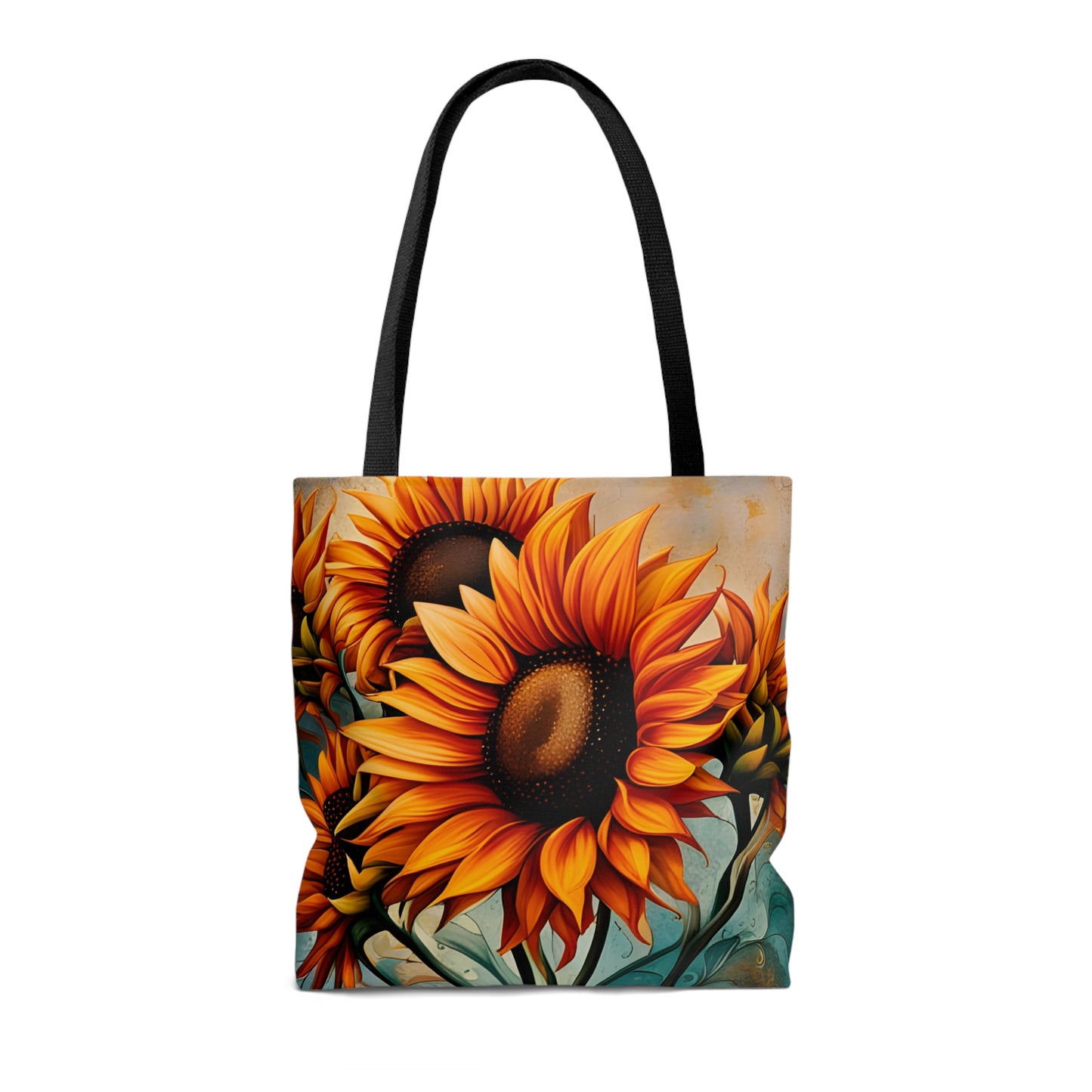 Sunflower Crop on Distressed Blue and Copper Background Printed on Tote Bag Front