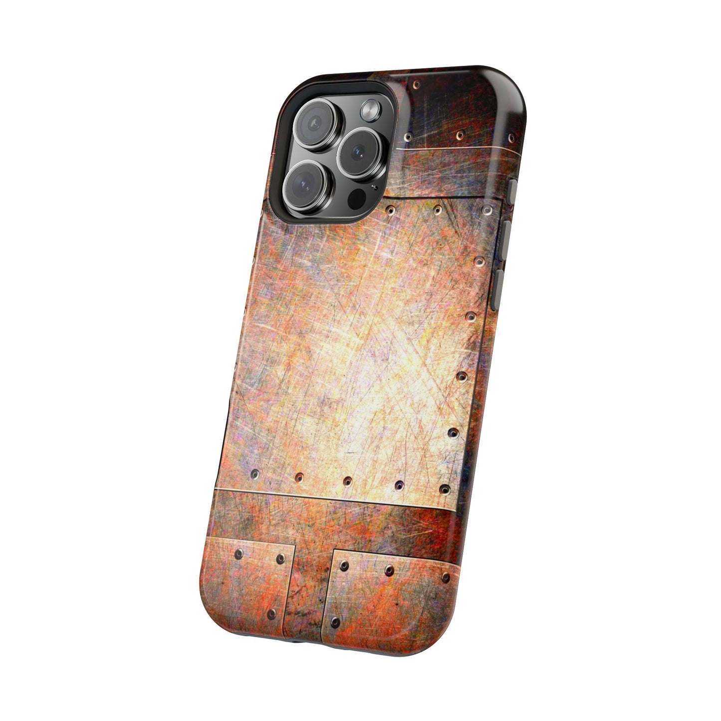 Magnetic Tough Cases for iPhone 16, Steampunk Themed Distressed Riveted Metal Plates Print on Phone Case for all models of iPhone 16