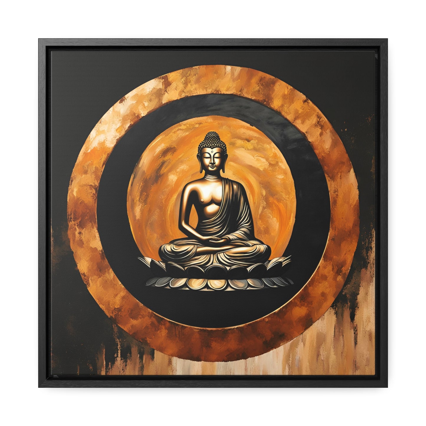 Golden Sitting Buddha in a Gold Enso Circle Print on Canvas in a Floating Frame - Spiritual and Meditation Wall Decor
