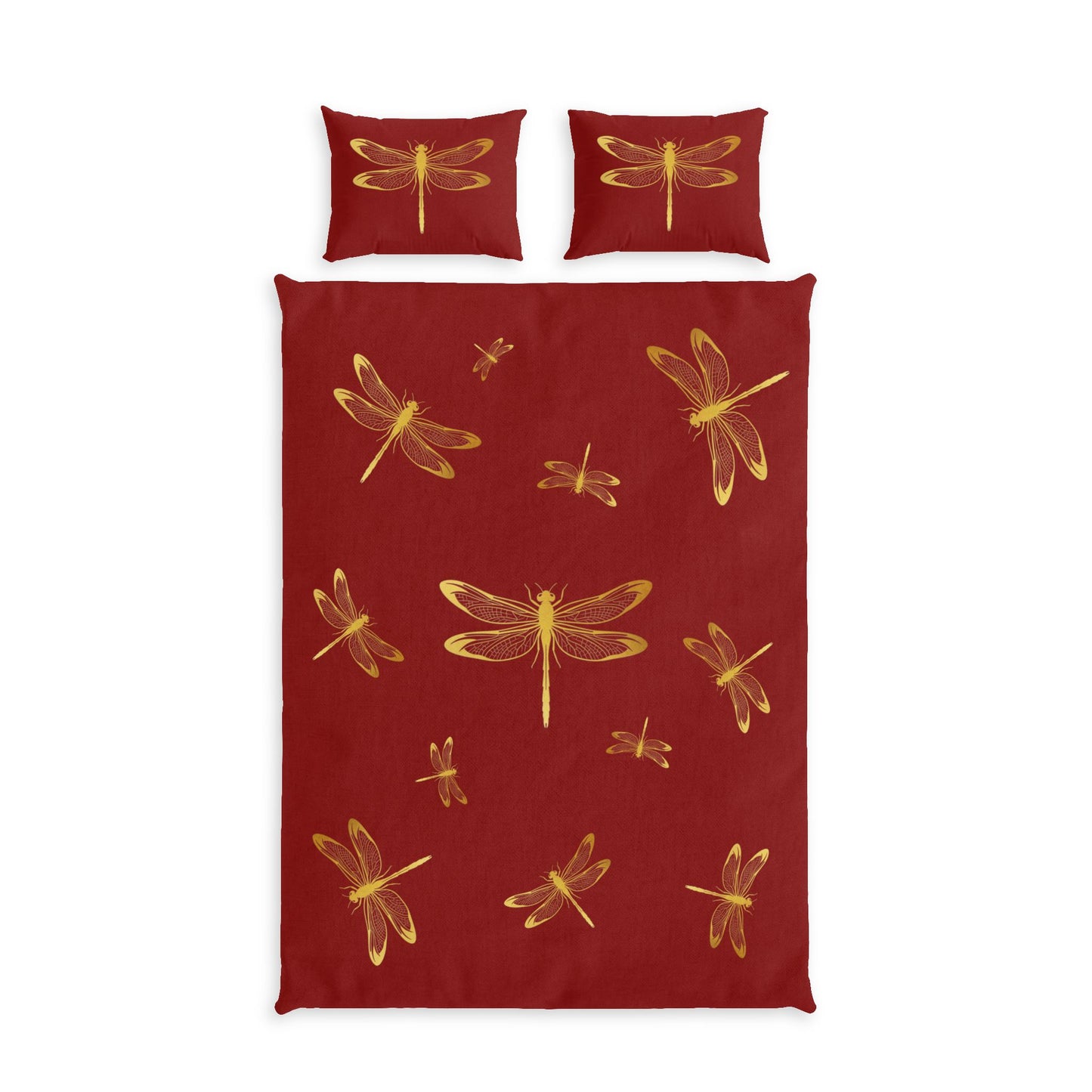 A bedding set featuring a duvet cover and two matching pillowcases in deep red, decorated with a pattern of metallic gold dragonflies, shown against a plain white background. Twin XL