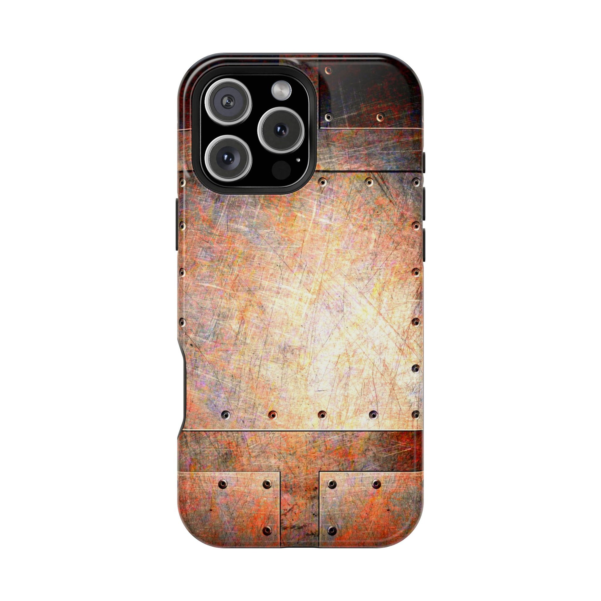 Magnetic Tough Cases for iPhone 16, Steampunk Themed Distressed Riveted Metal Plates Print on Phone Case for all models of iPhone 16 pro max