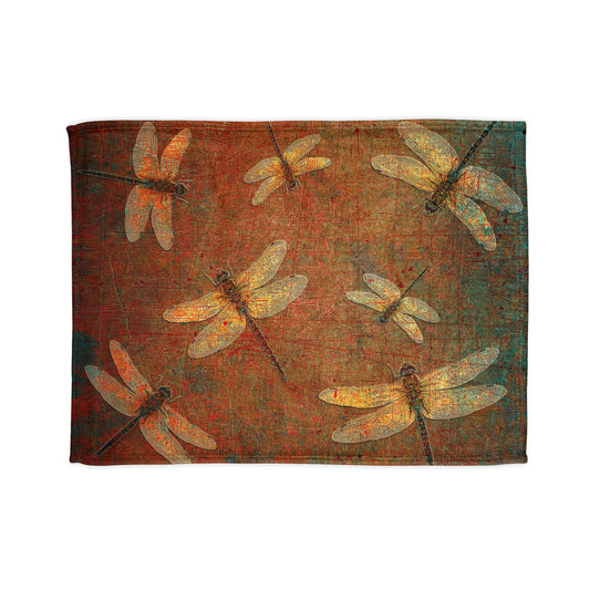 Dragonfly Minky Blanket: Flight of Dragonflies on Distressed Orange and Green Background