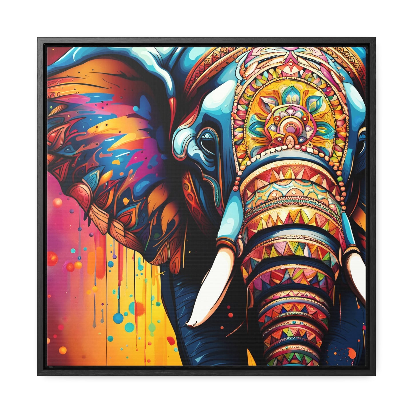 Elephant themed Wall Art Print - Stunning Multicolor Elephant Head Print on Canvas in a Floating Frame