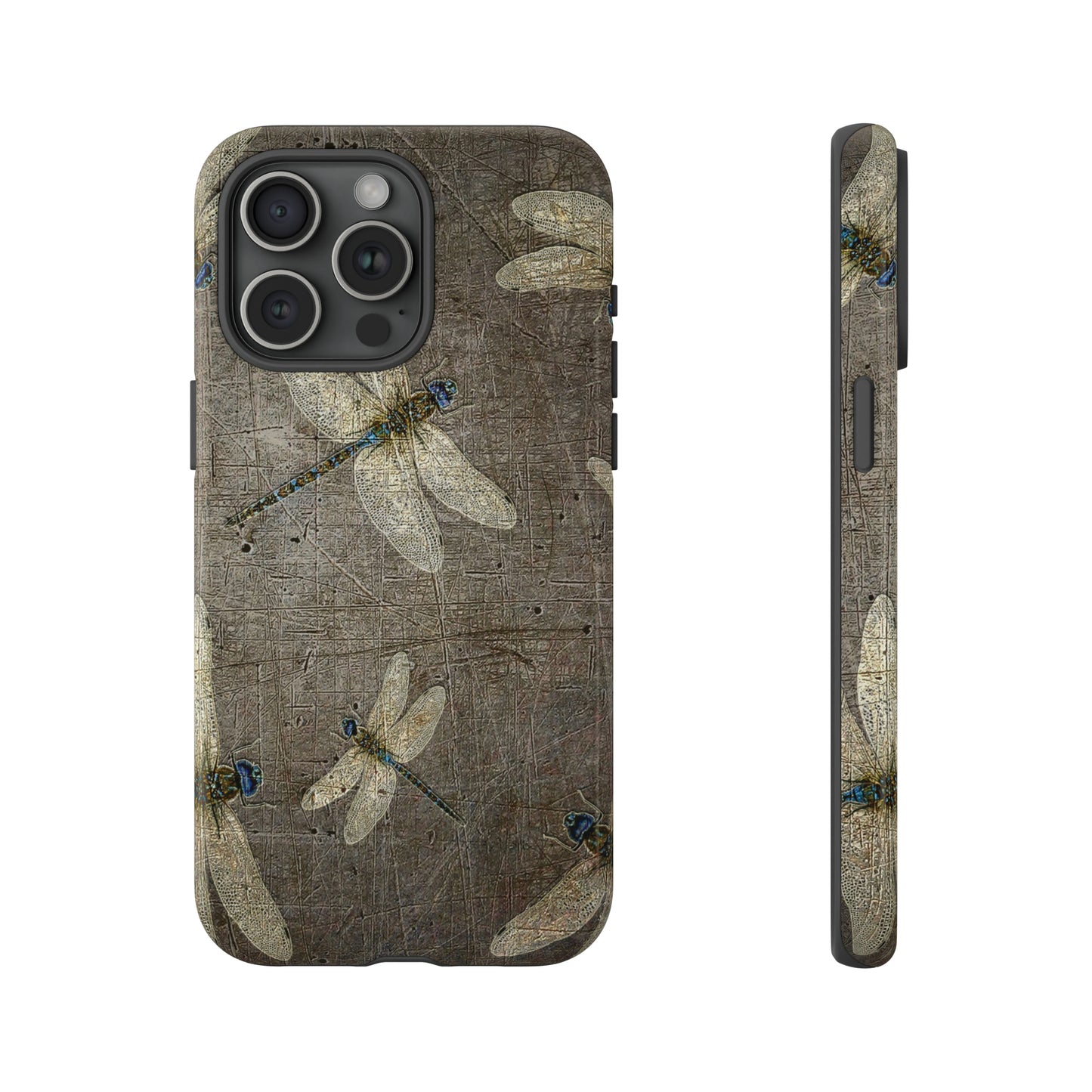 Silver Dragonflies on Stone Gray Print Tough Case for iPhone 15 Pro Max front and side