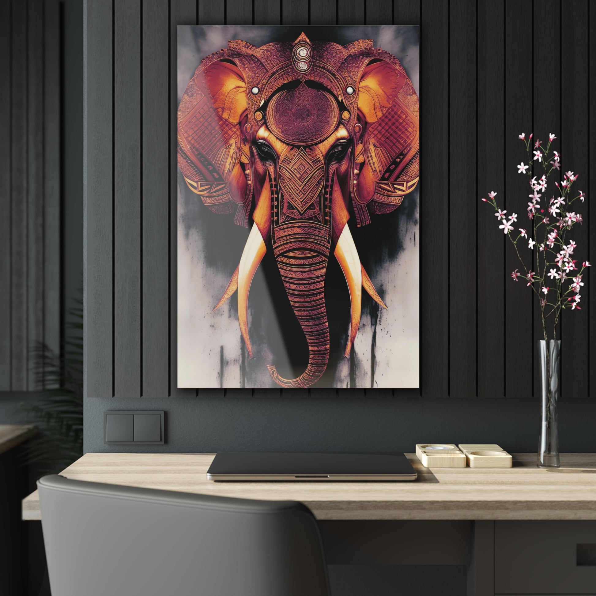Elephant Themed Modern Wall Art - Copper and Gold Tribal Elephant Head on a Crystal Clear Acrylic Panel 24x36 hung on dark wall