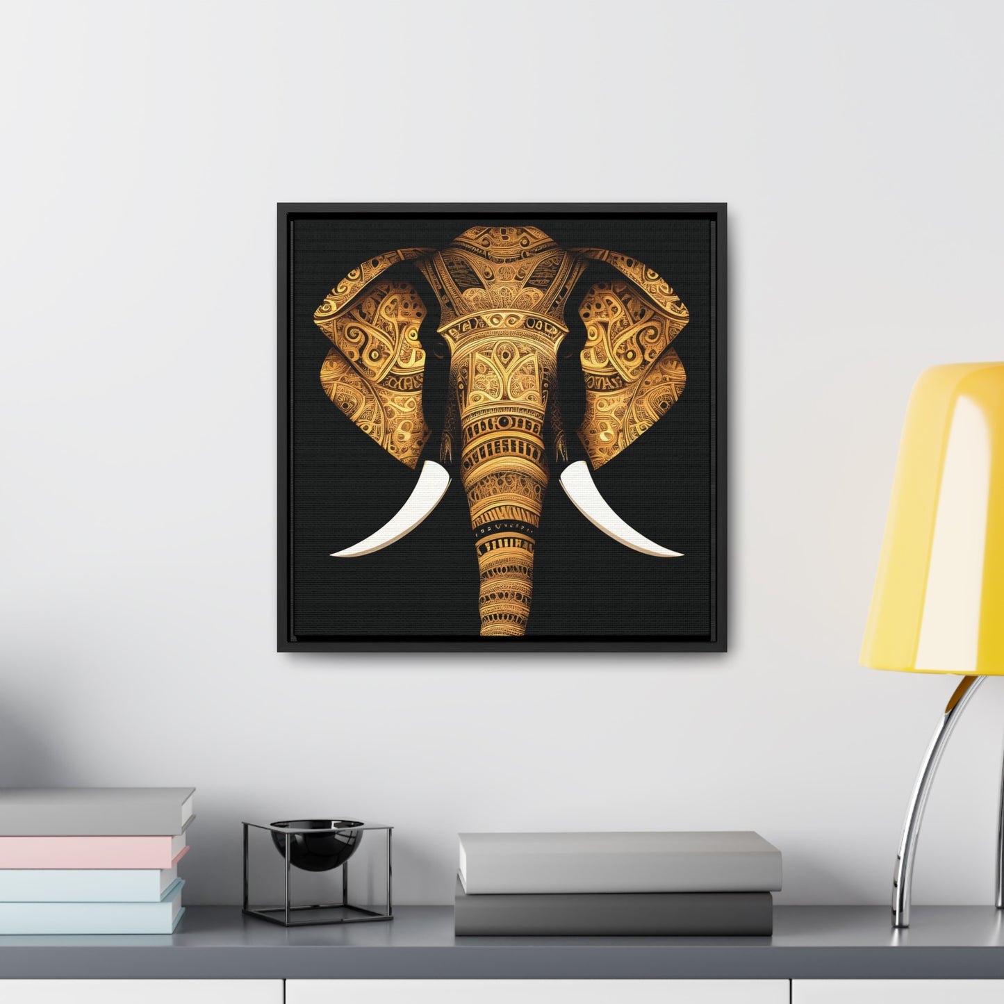 Gold Tribal Elephant Head on Black Background Print on Canvas in a Floating Frame 30x30