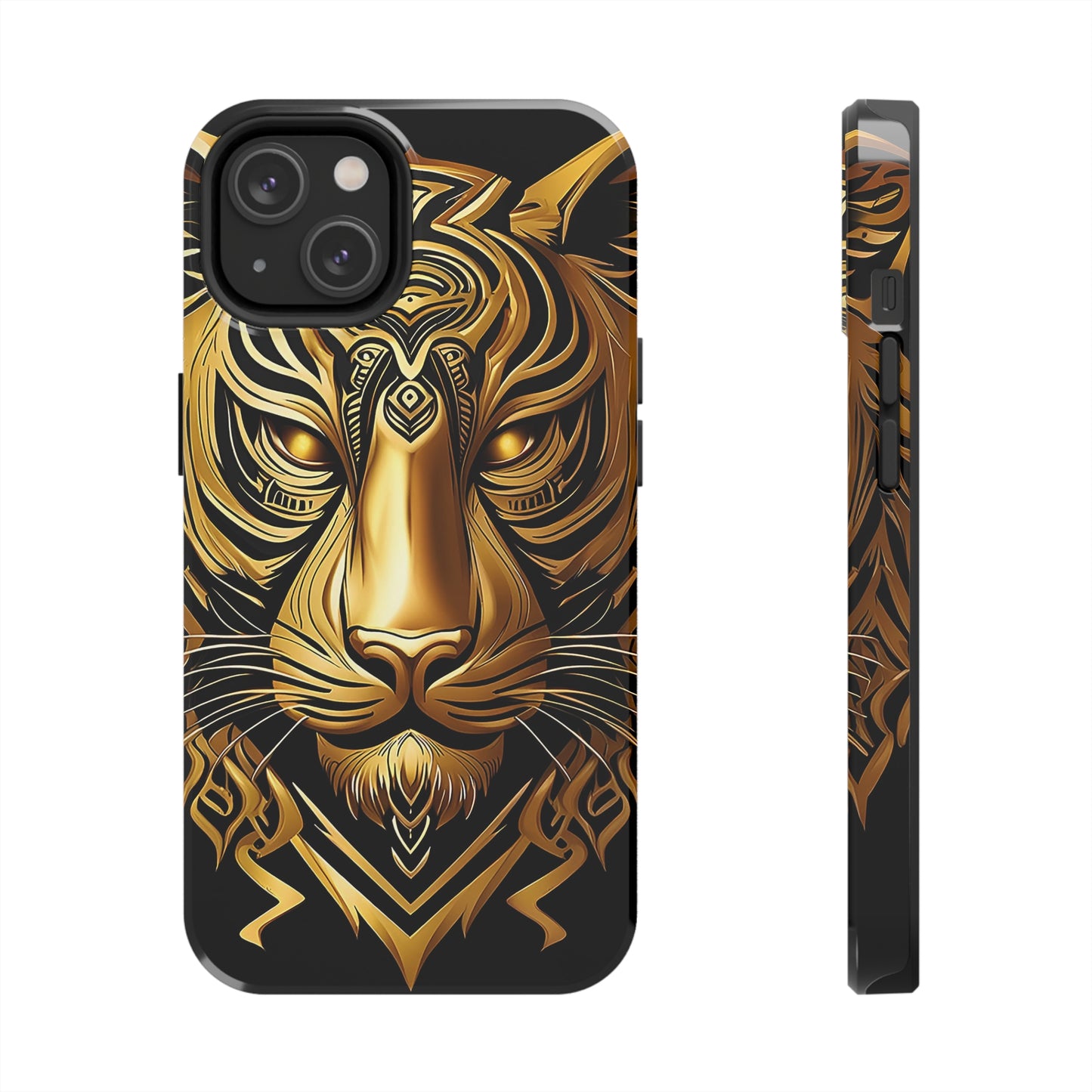 Big Cat Themed iPhone 14 Tough Case - Gold Tribal Tiger Head Printed on Phone Case for iPhone 14