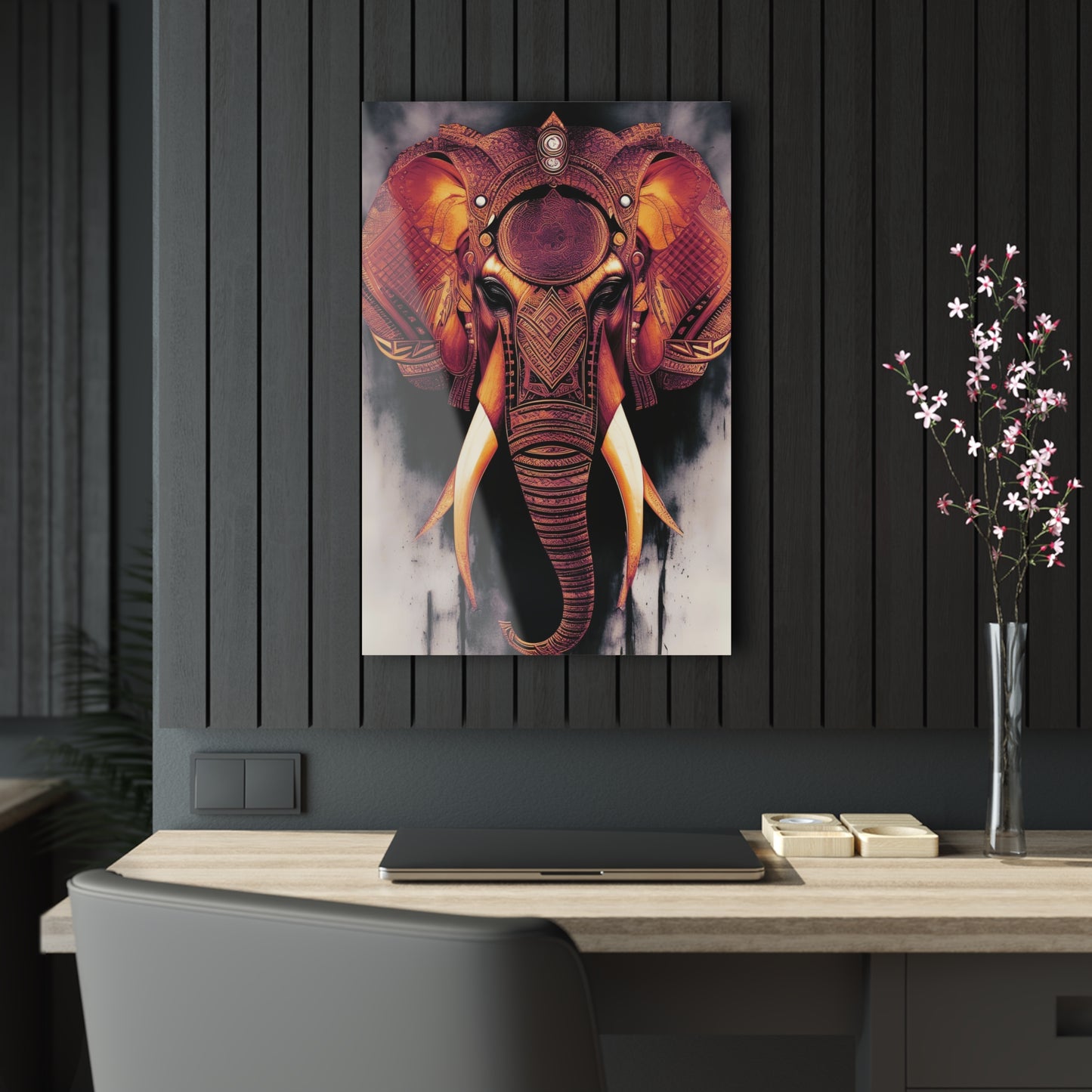 Elephant Themed Modern Wall Art - Copper and Gold Tribal Elephant Head on a Crystal Clear Acrylic Panel 20x30 hung on dark wall