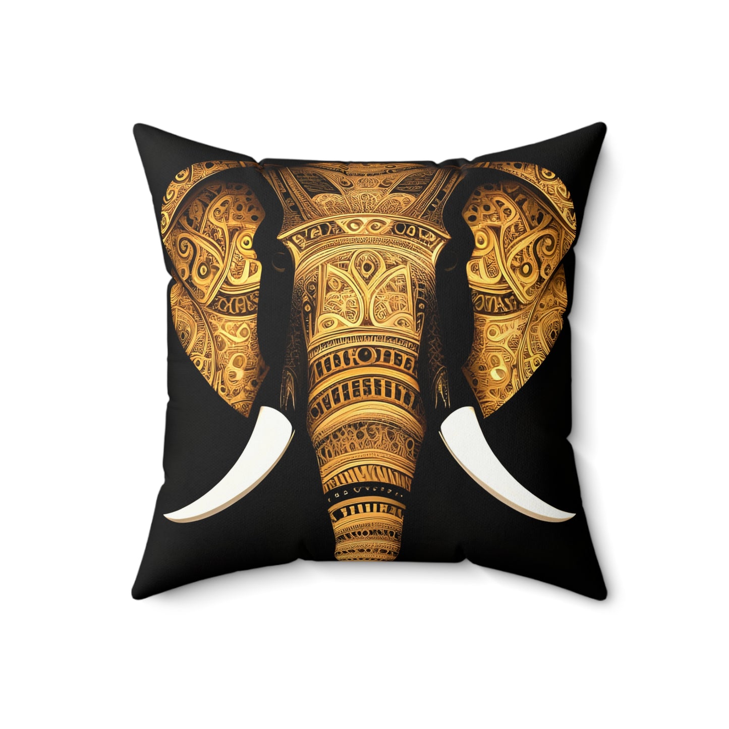 Gold Asian Elephant Head on Black Background, Square Pillow