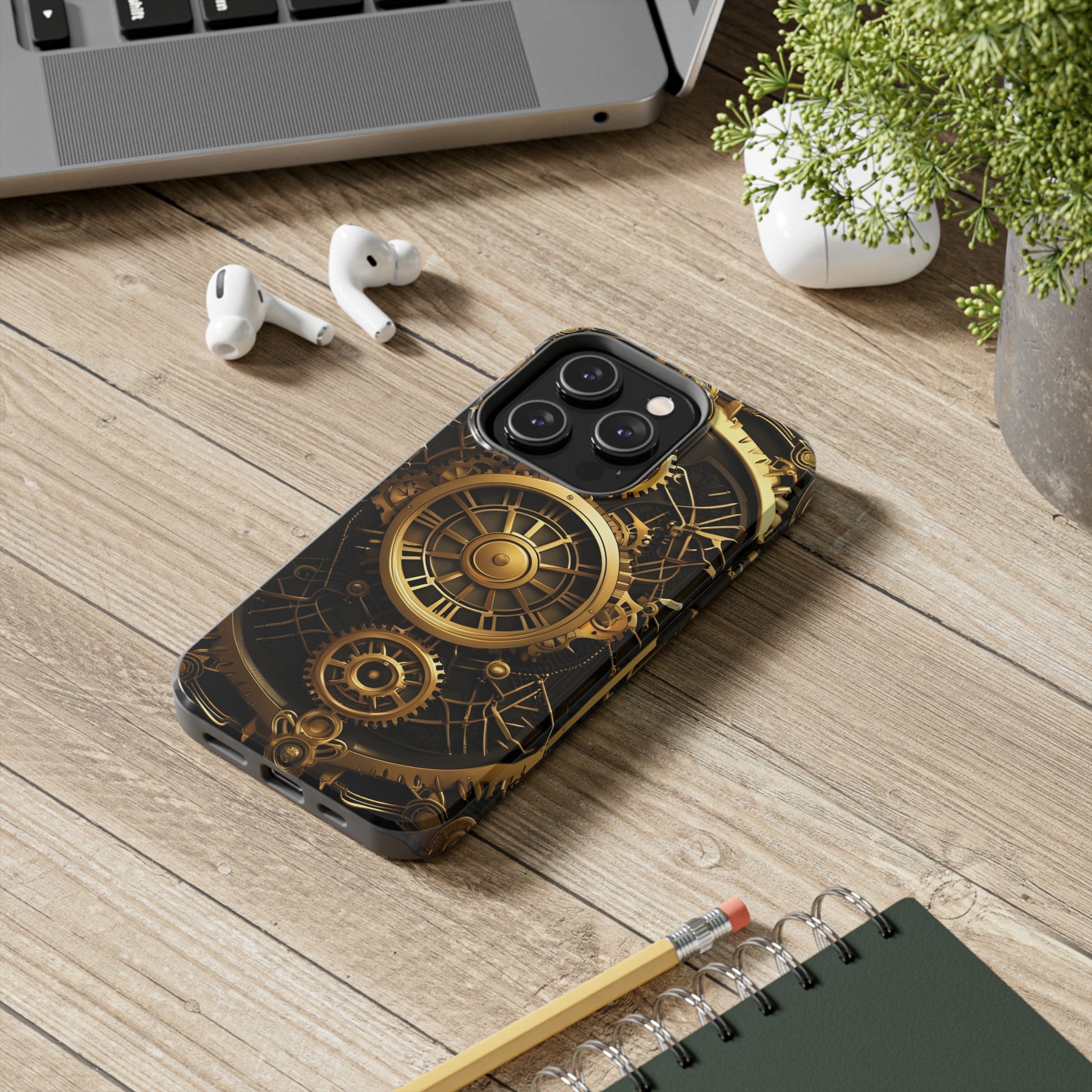 Art Deco Themed Steampunk Panel Tough Phone Case for iPhone  - Gold and Copper Gears Panel Style Printed on Phone Case for iPhone 14 Pro on desk