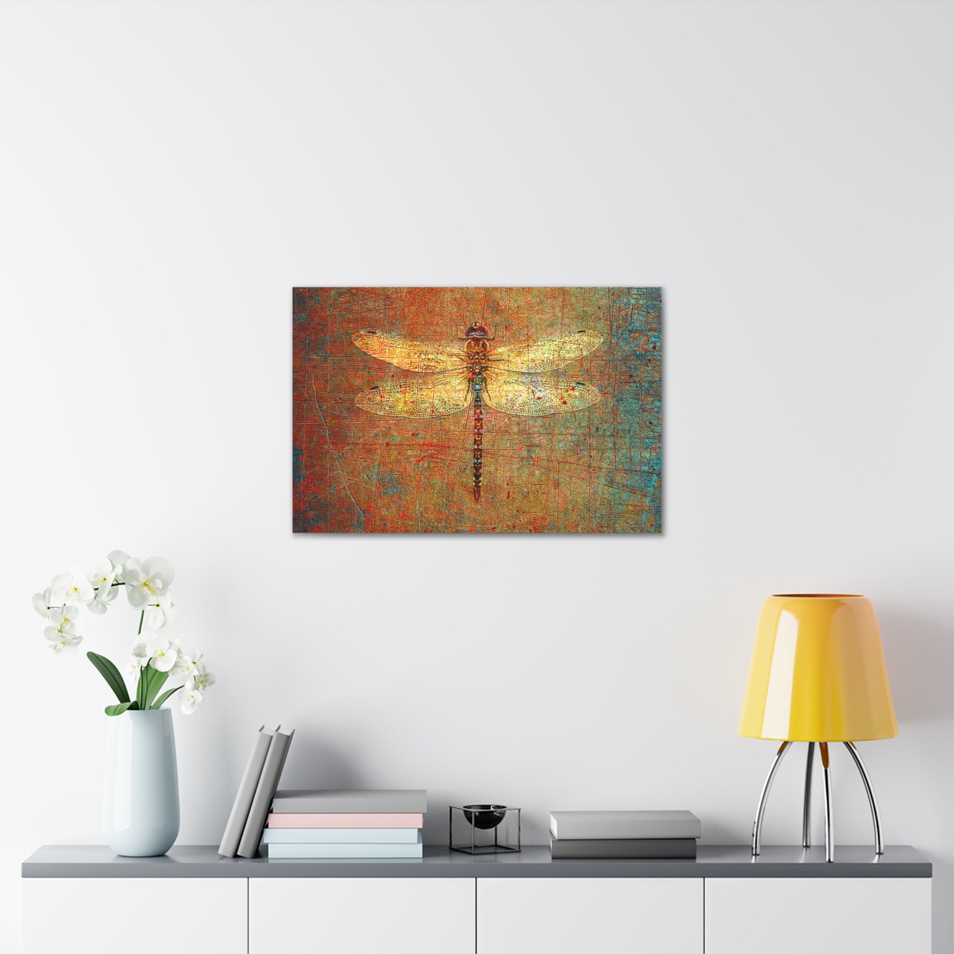 Golden Dragonfly on Distressed Orange and Green Background Print on Unframed Stretched Canvas 30x20