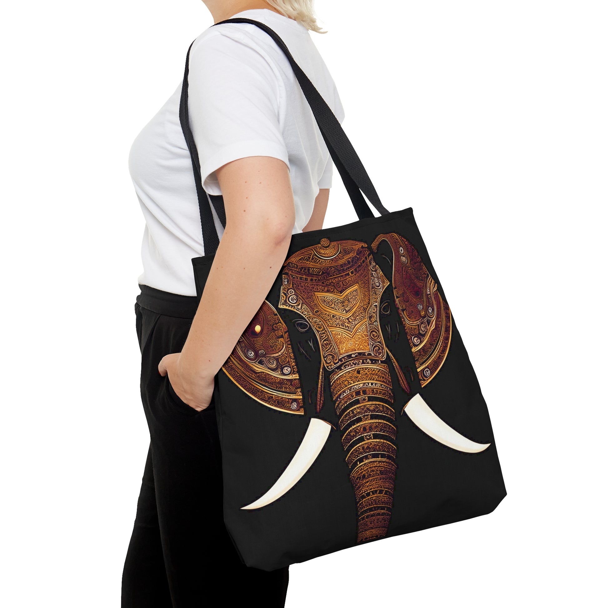 Indian Elephant Head With Parade Colors on Black Background tote bag large