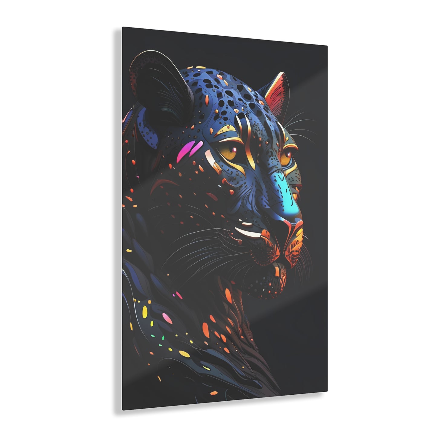 Stylized Colorful Black Panther Head printed on a crystal clear acrylic panel