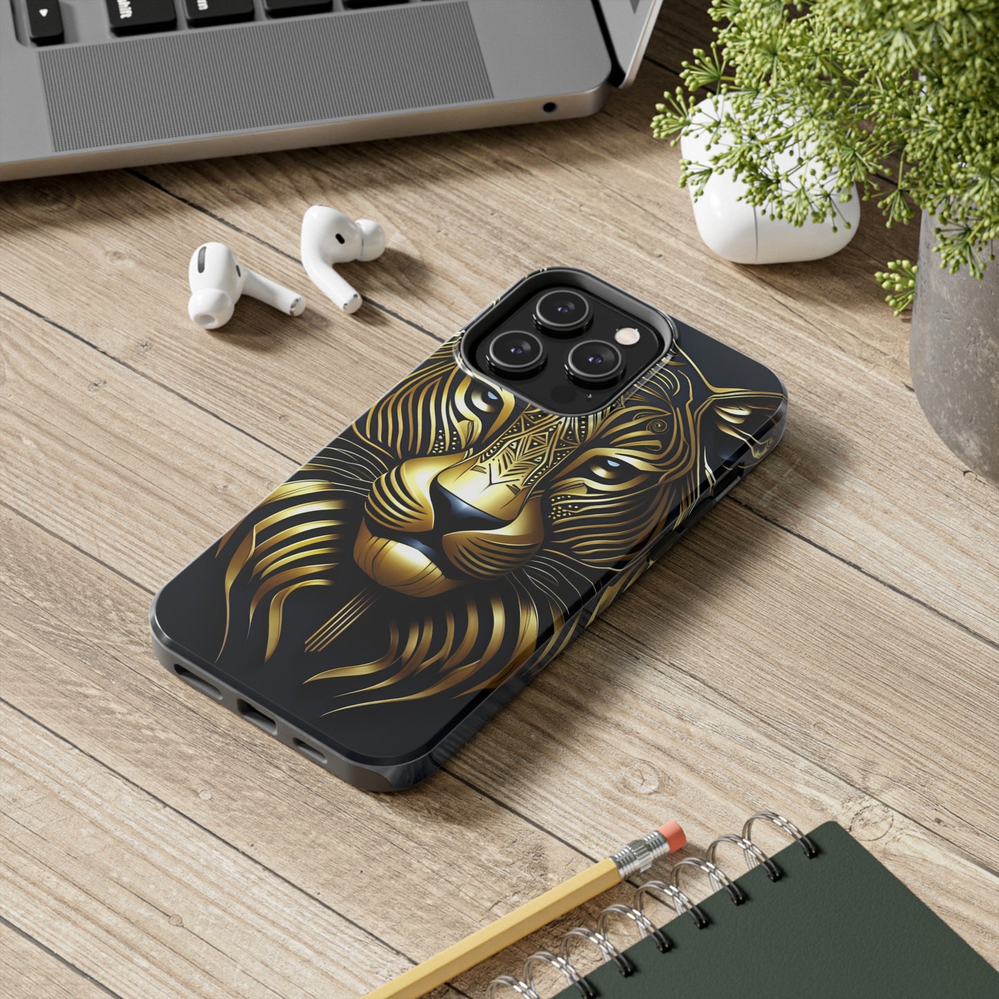 Tough Phone Case for iPhone 14 - Blue and Gold Tribal Tiger Head Art Deco Style Printed on Phone Case for iPhone 14 pro max on desk