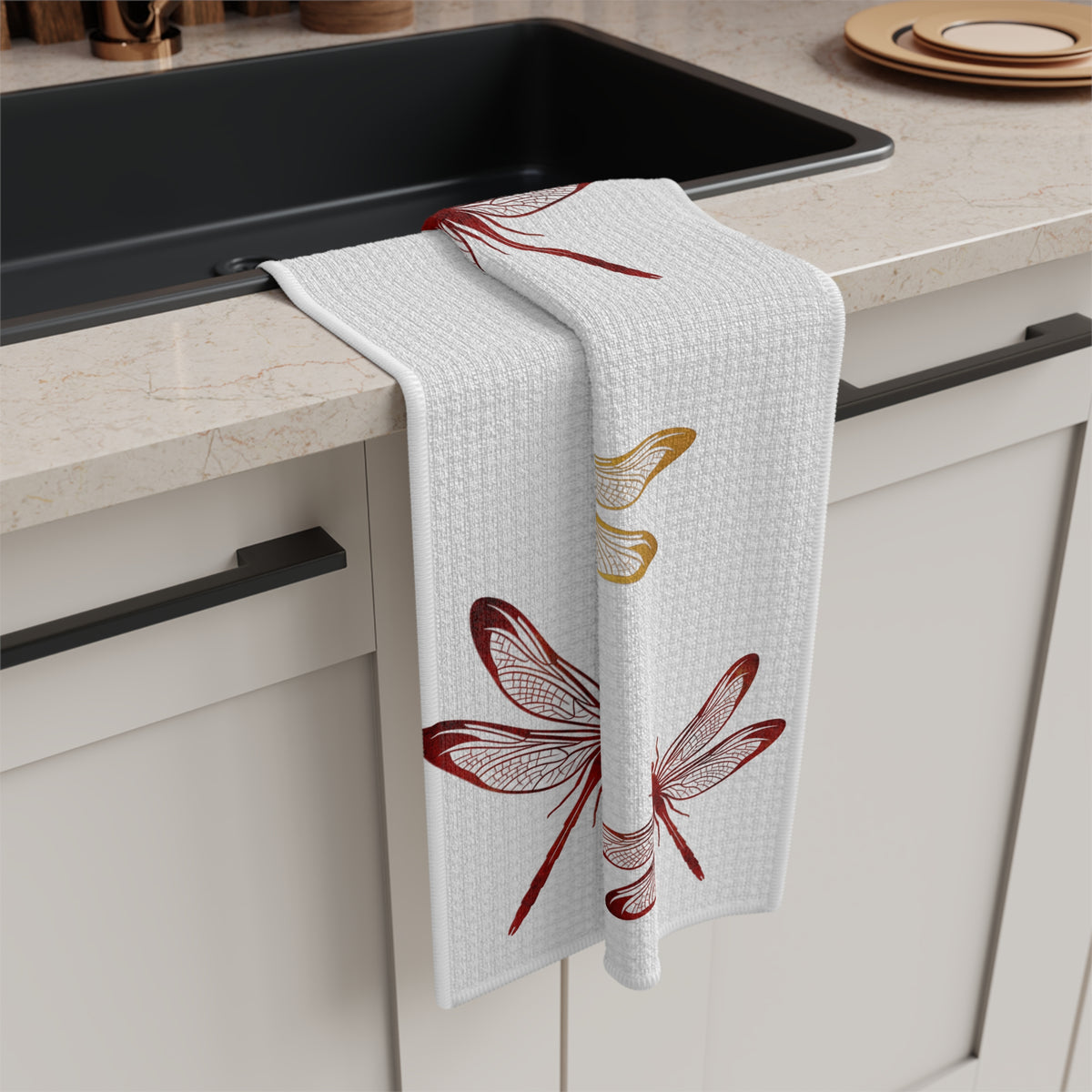 Flight of Red and Gold Dragonflies on White Microfiber Tea Towel