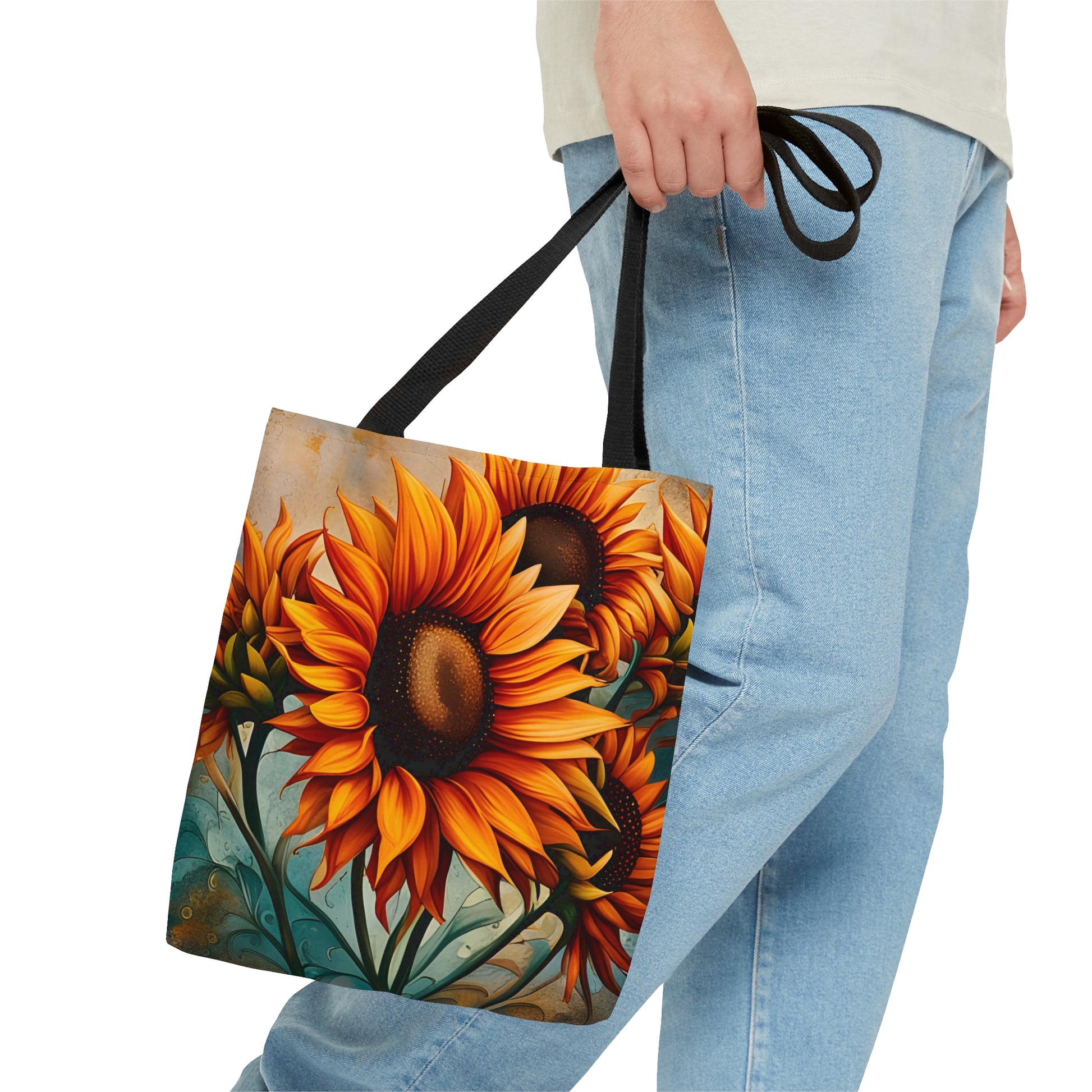 Sunflower Crop on Distressed Blue and Copper Background Printed on Tote Bag small