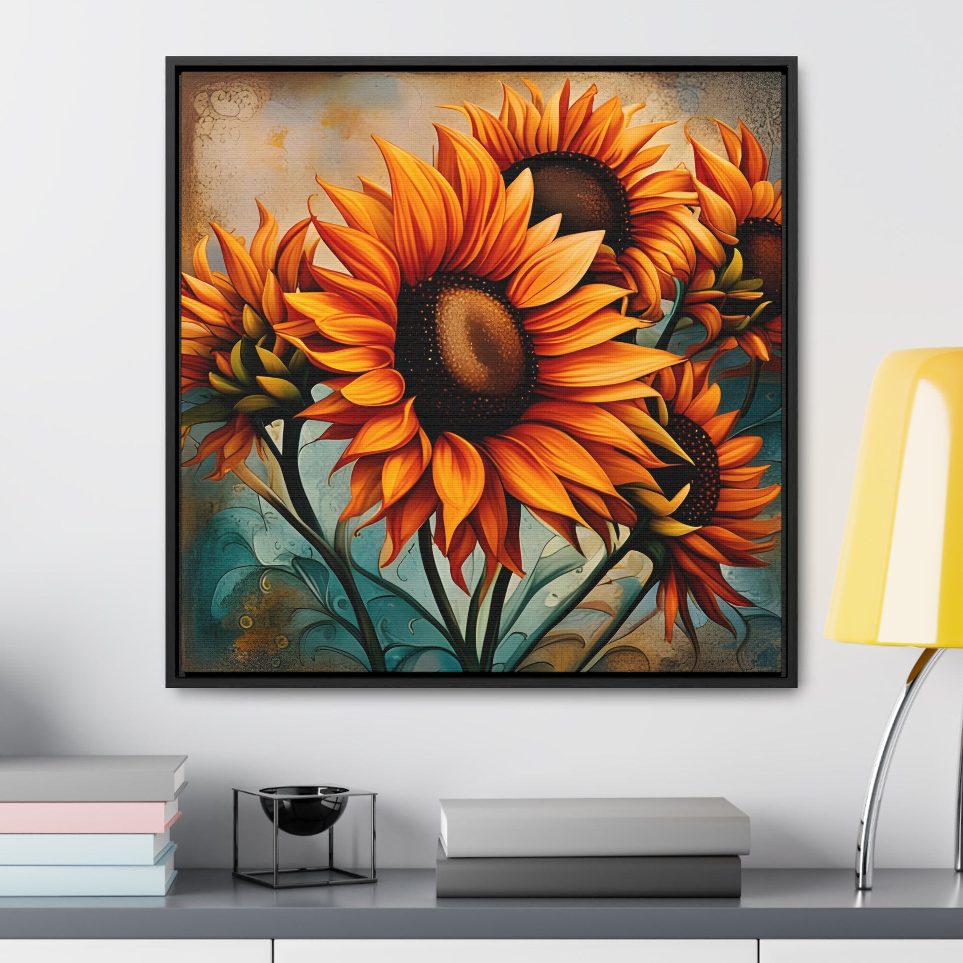 Sunflower Lovers Delight - Sunflower Crop on Distressed Blue and Copper Background Printed on Canvas in a Floating Frame 24x24