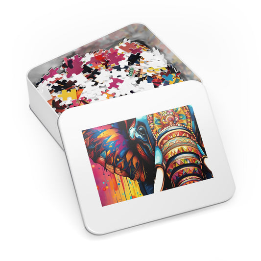 Elephant Themed Jigsaw Puzzle - Stunning Multicolor Mandala Elephant Head Print on 1000 Pieces Puzzle in tin