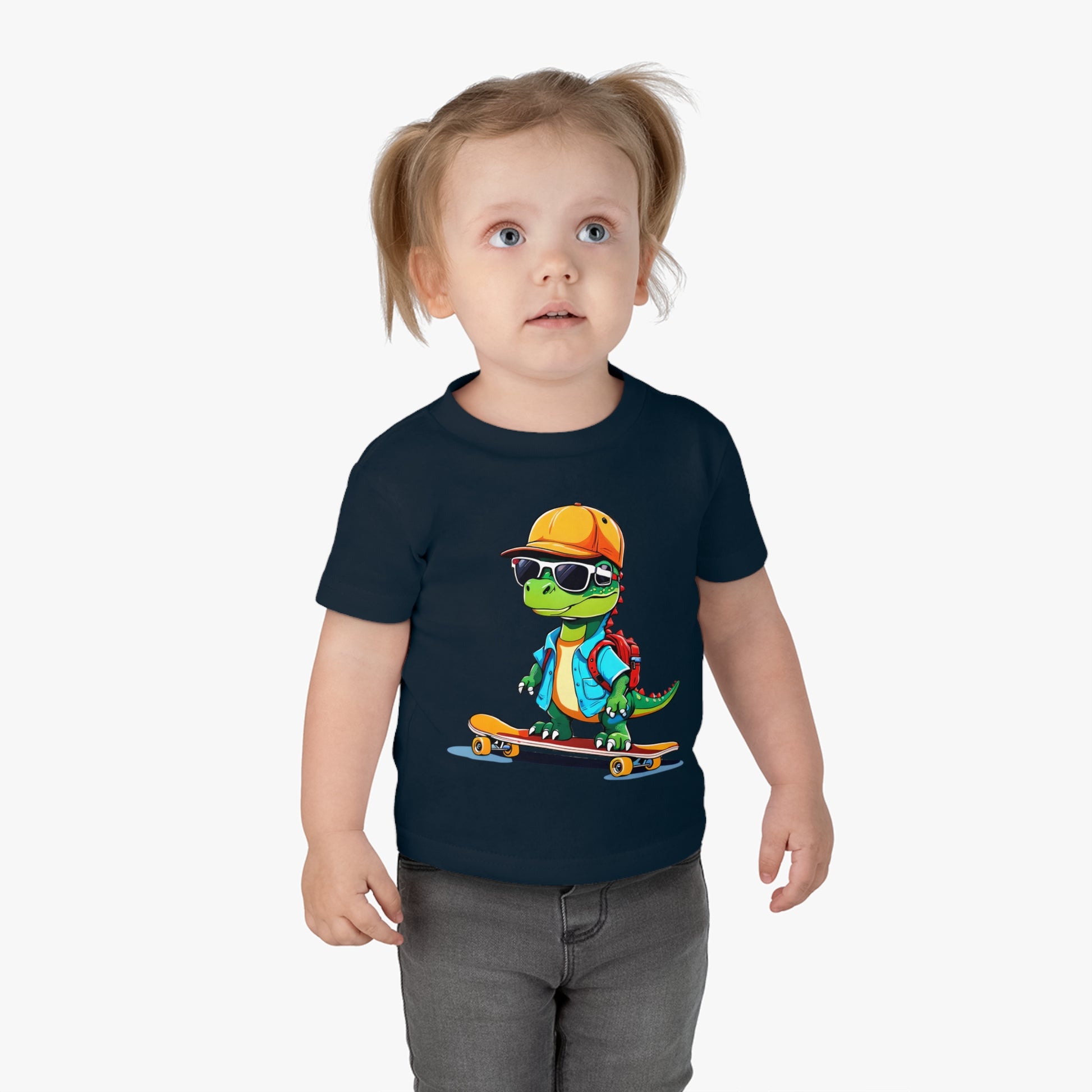 Dino Boy on Skate Board, Too Cool For School Infant Cotton Jersey Tee Navy Blue on Girl