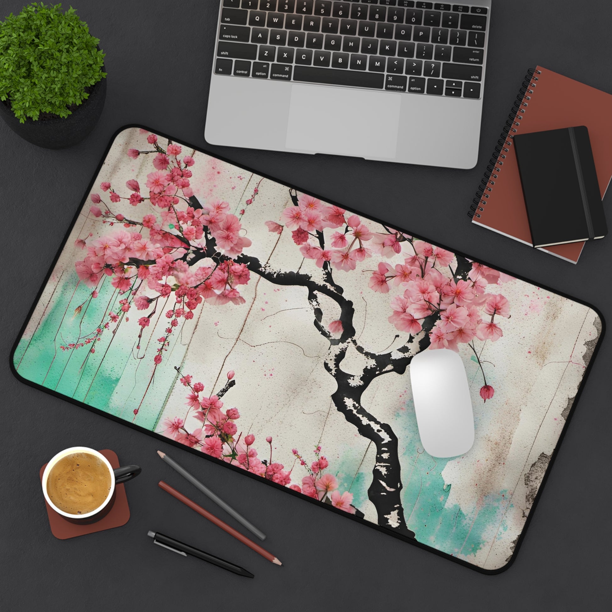 Cherry Blossoms Street Art Style Printed on Desk Mat 12x22 on desk