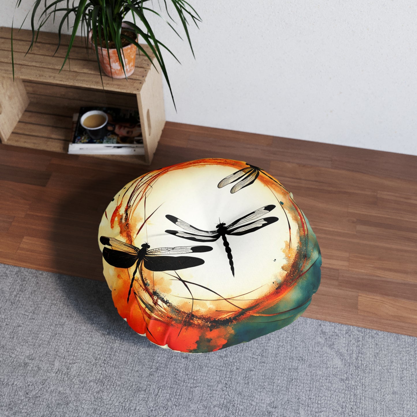 Dragonflies Silhouettes in a colorful Enso circle print on 2 Sided Round Tufted Floor Pillow.