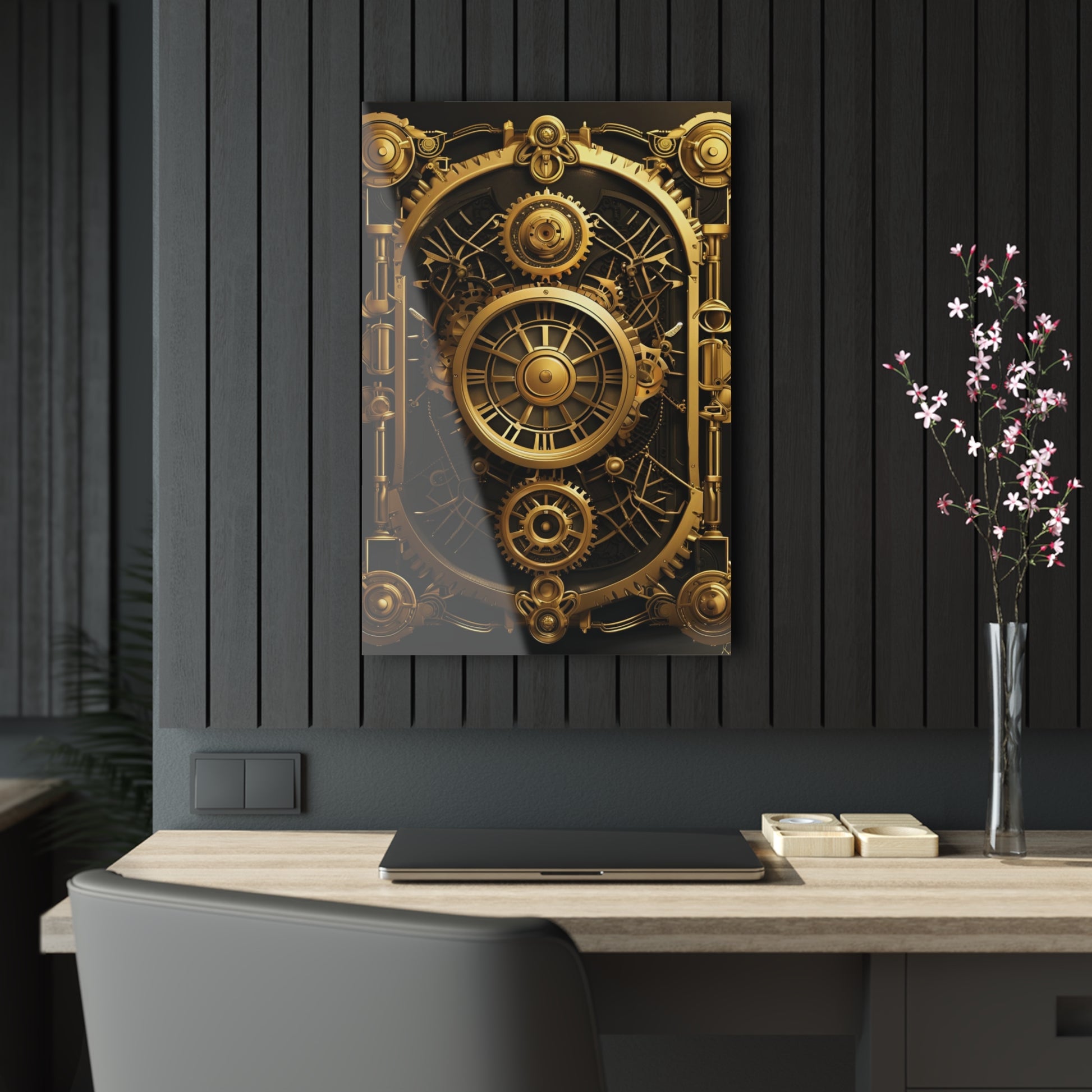 Art Deco themed steampunk gold and copper gears panel style printed on a crystal clear acrylic panel 20x30 hung