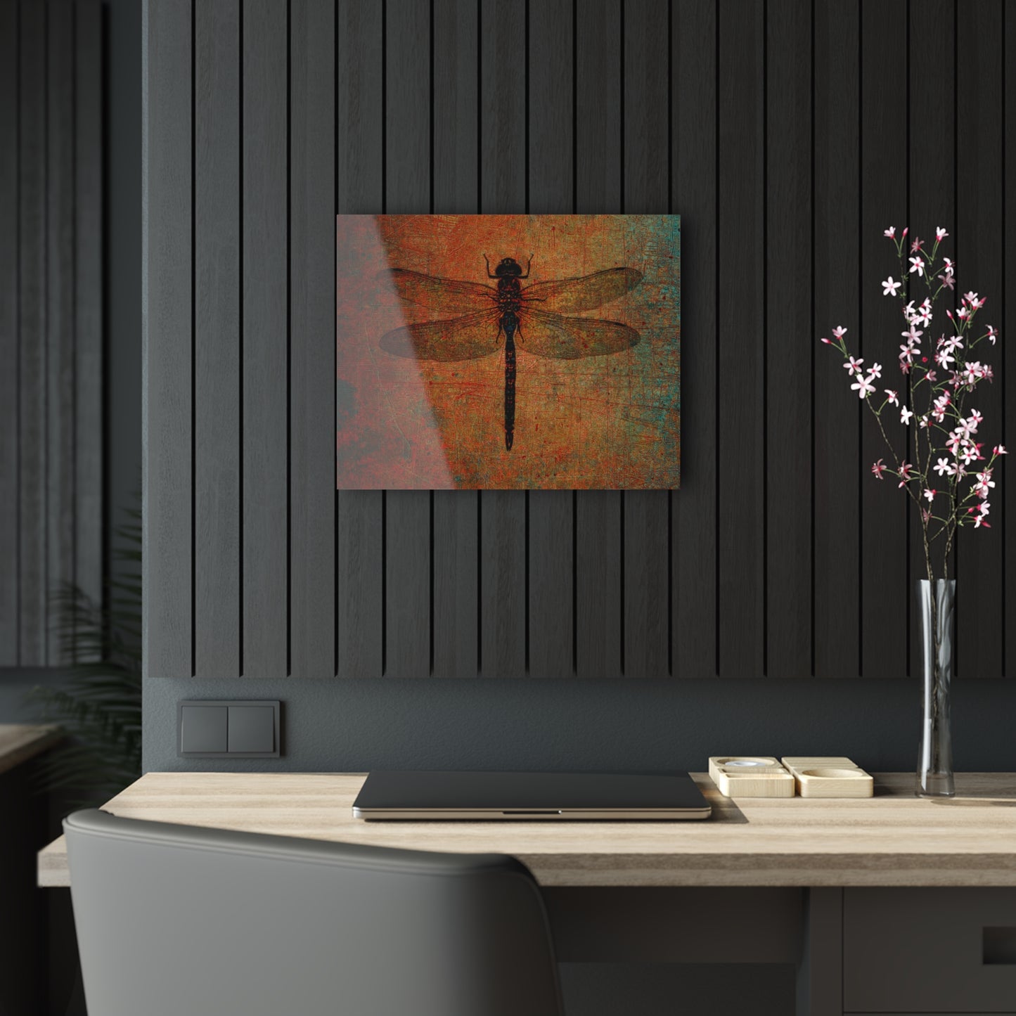 Dragonfly on Distressed Brown Stone Background on a Crystal Clear Acrylic Panel 20x16 hung on dark wall