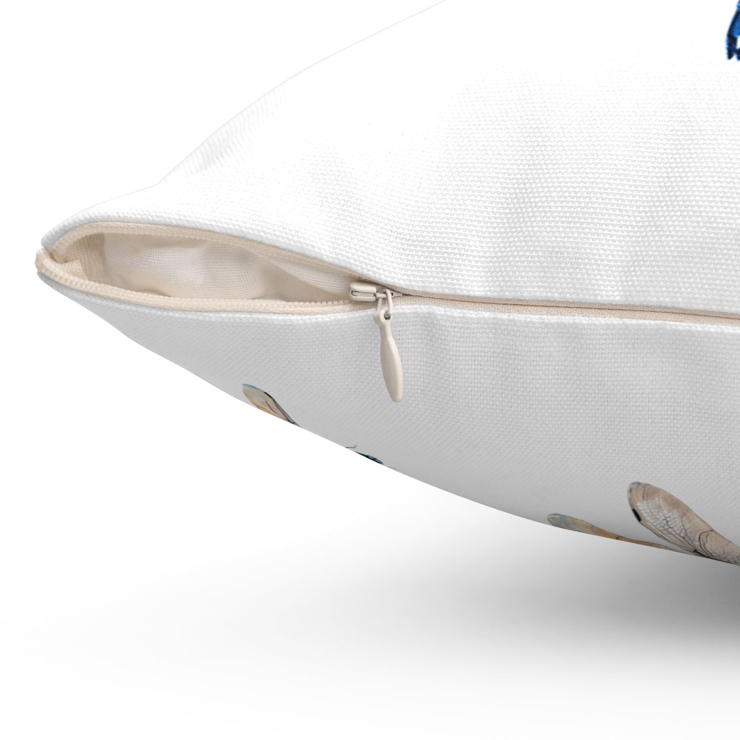 Double Sided Minimalist Square White Throw Pillow with Blue Dragonfly