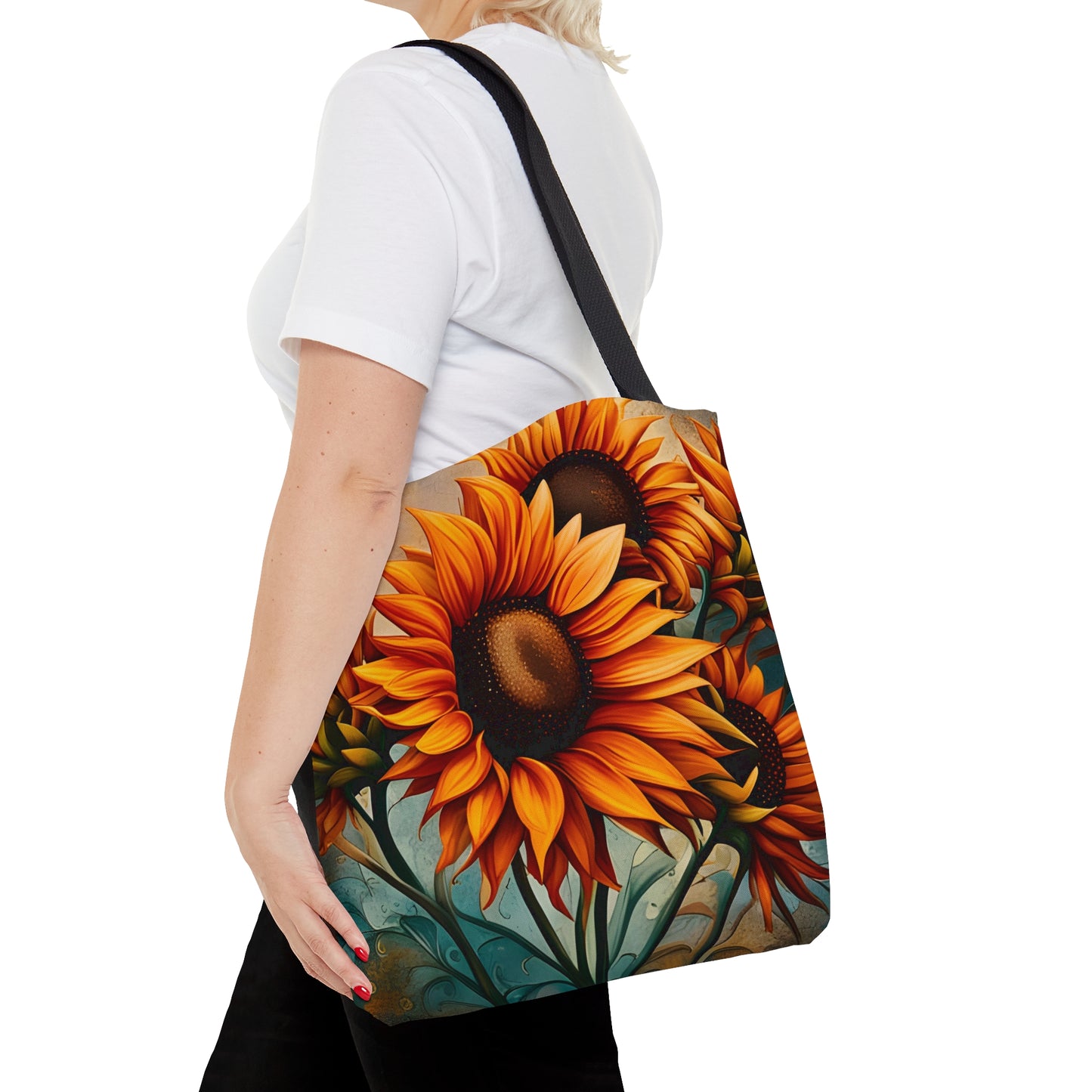 Sunflower Crop on Distressed Blue and Copper Background Printed on Tote Bag medium