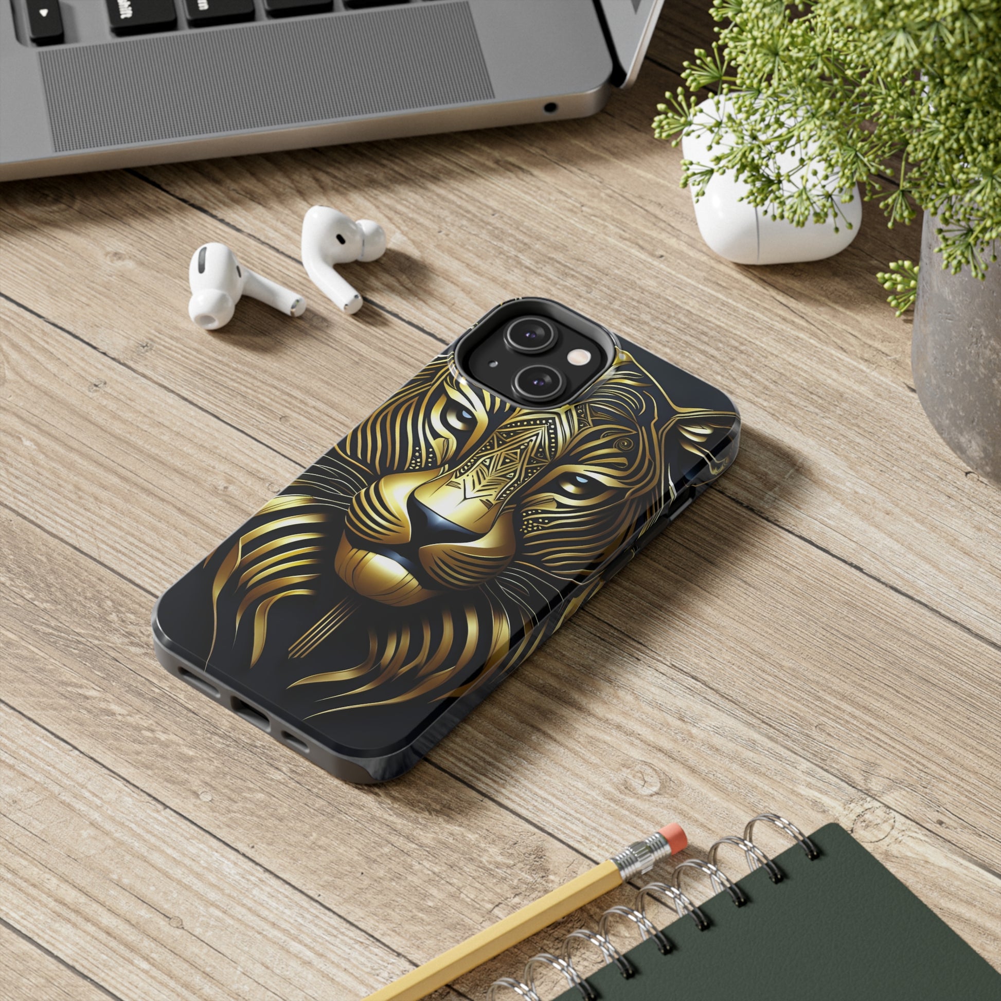 Tough Phone Case for iPhone 14 - Blue and Gold Tribal Tiger Head Art Deco Style Printed on Phone Case for iPhone 14 on desk