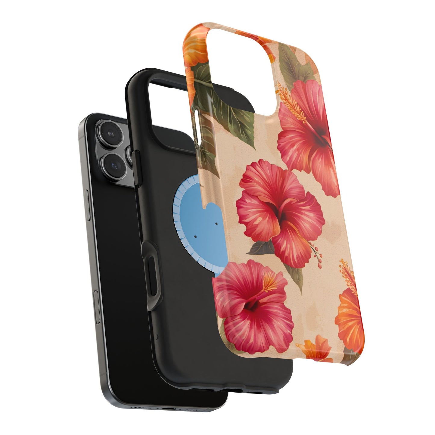 Magnetic Tough Cases for iPhone 16, Pink and Orange Hibiscus Flowers Print on Tough Case for all Models of iPhone 16