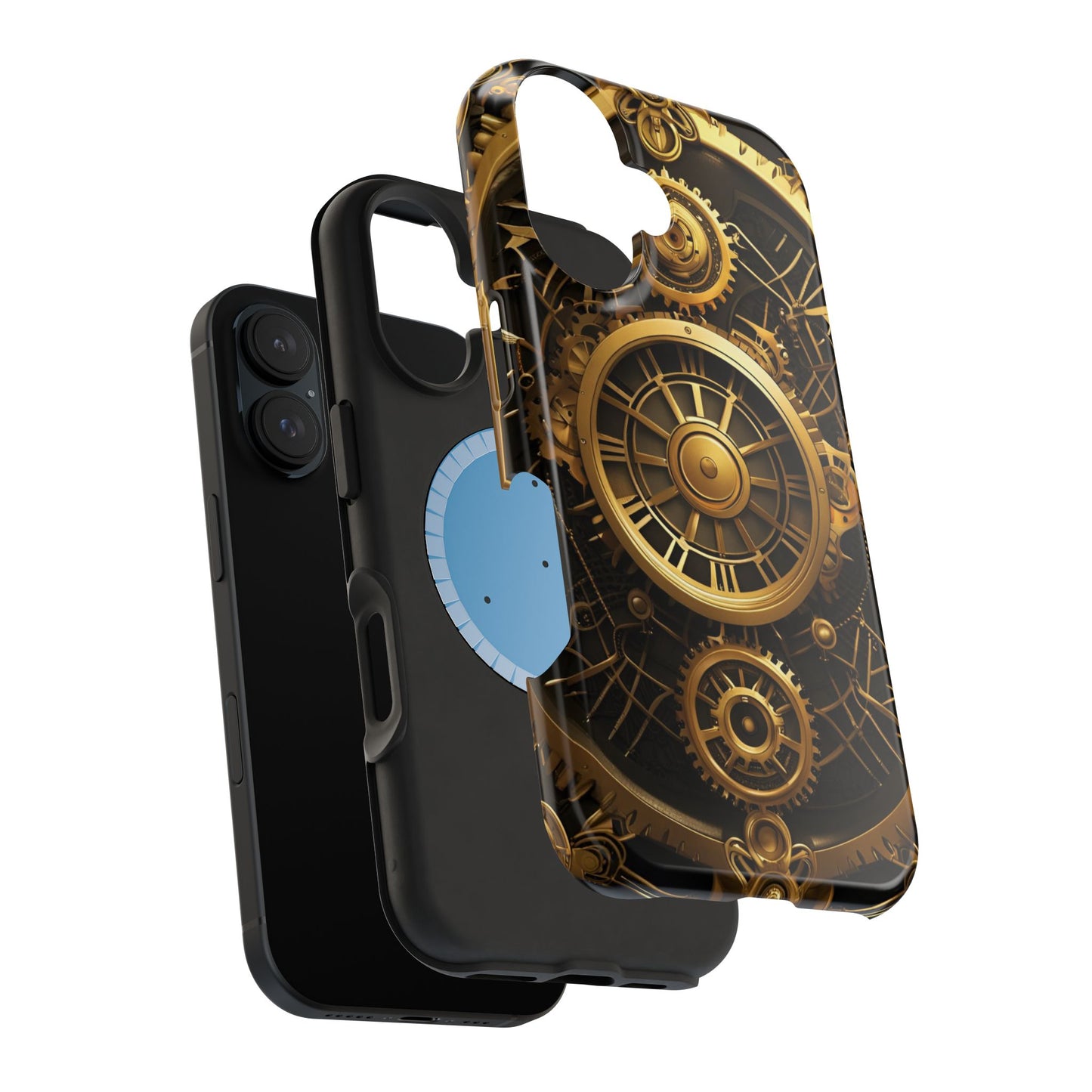 Magnetic Tough Cases for iPhone 16, Art Deco Themed Steampunk Gold and Copper Gears Panel Printed on Phone Case for iPhone 16