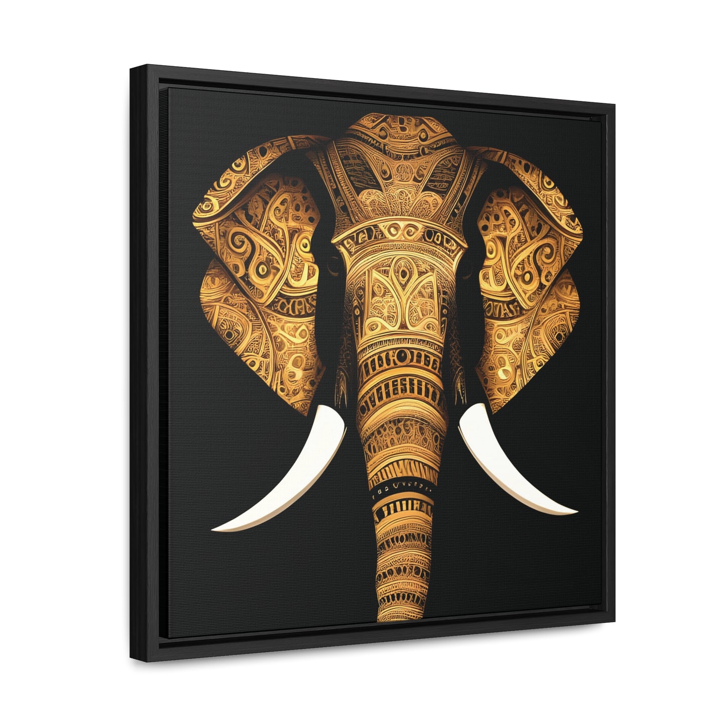 Elephant themed Wall Art Print - Gold Tribal Elephant Head on Black Background Print on Canvas in a Floating Frame