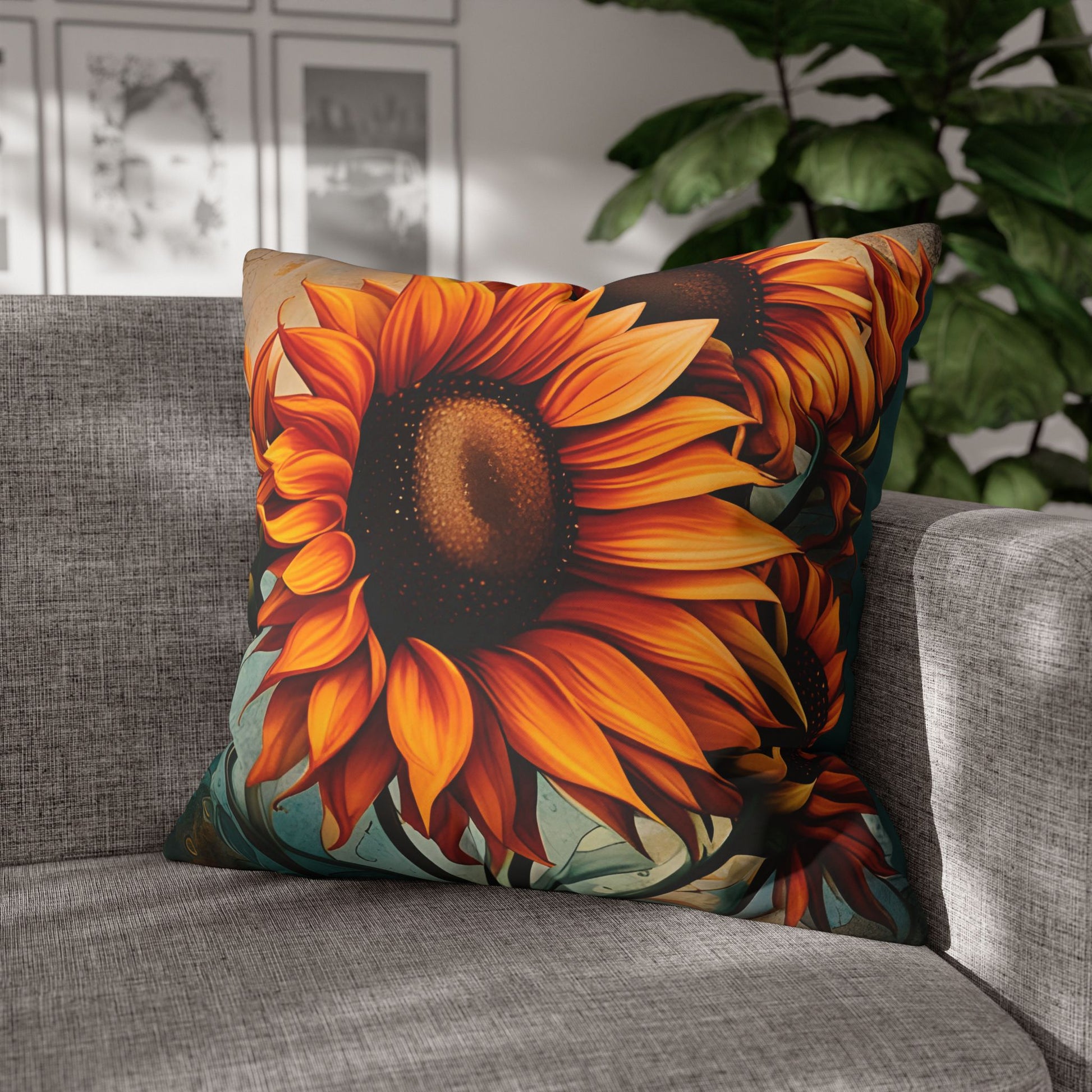 Sunflower Crop on Distressed Blue and Copper Background Print Square Pillow Cover front pillow inside