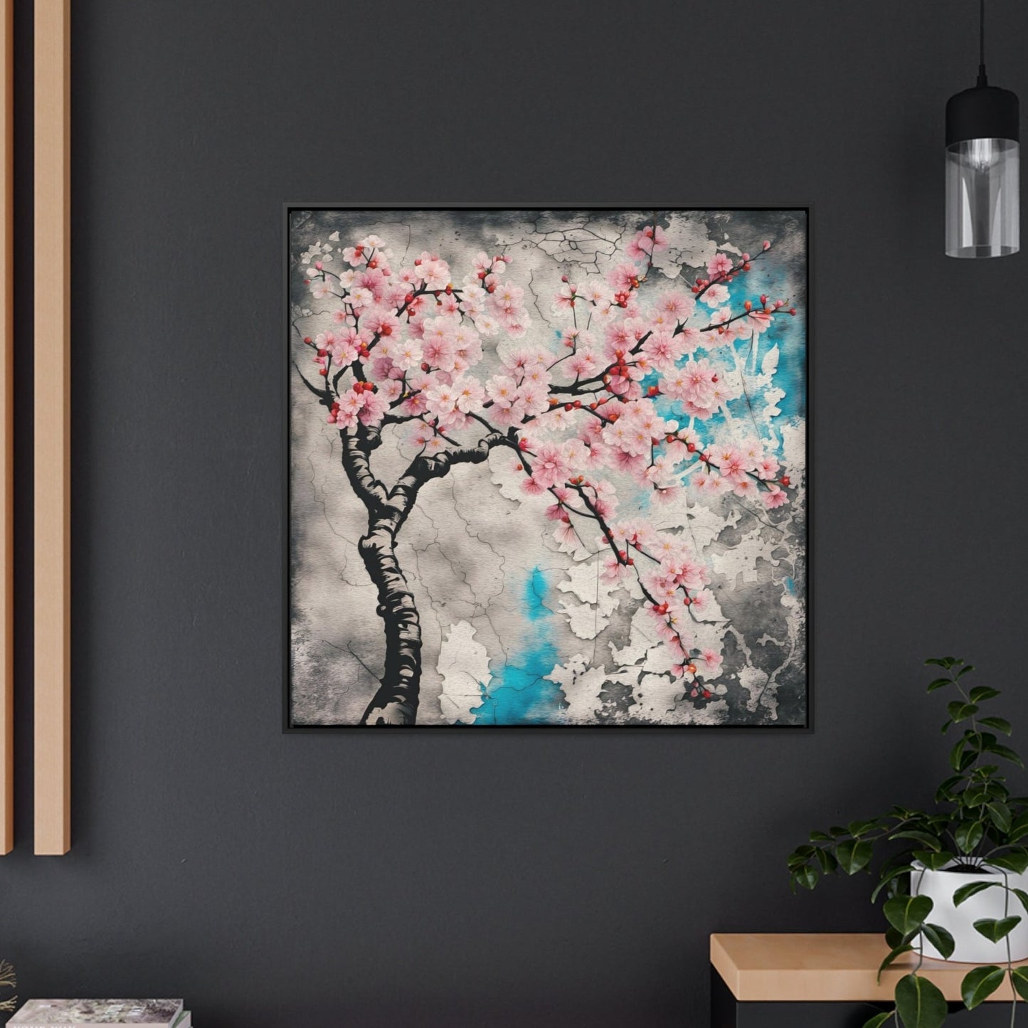 Cherry Blossoms Print on Canvas in a Floating Frame 36x36 hung