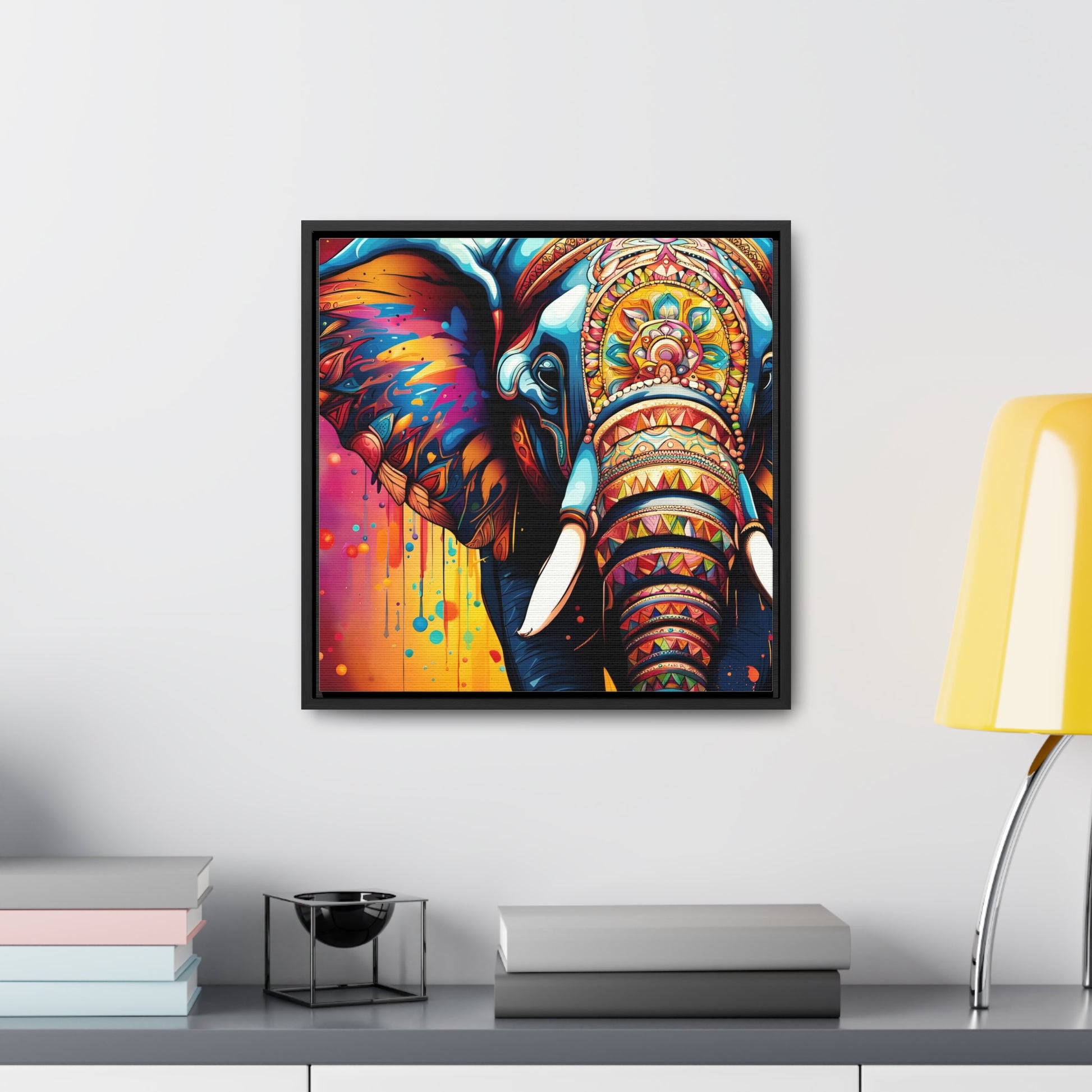 Stunning Multicolor Elephant Head Print on Canvas in a Floating Frame 16x16 hung on light wall