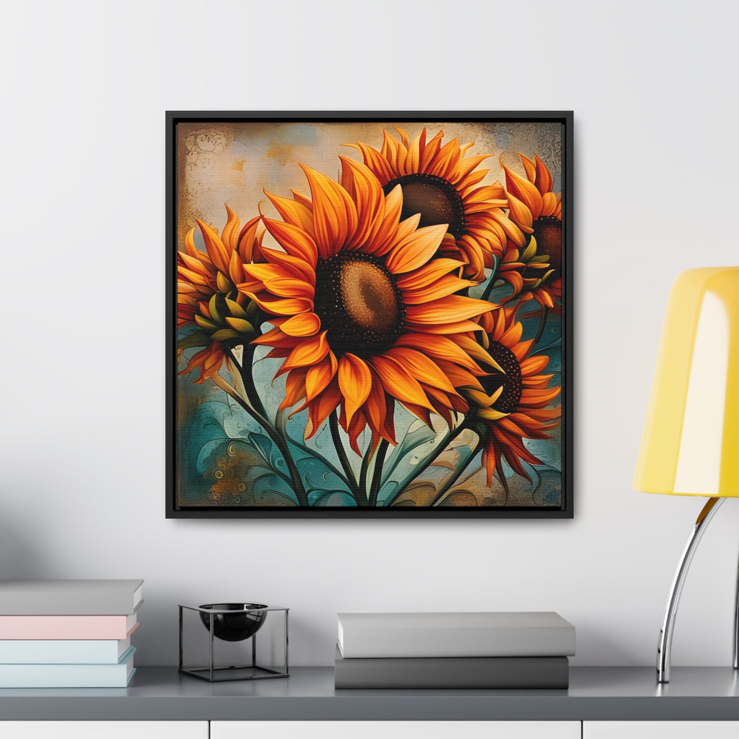 Sunflower Lovers Delight - Sunflower Crop on Distressed Blue and Copper Background Printed on Canvas in a Floating Frame 20x20