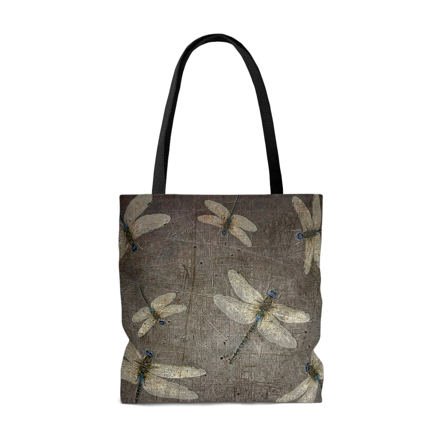 Flight of Dragonflies on Distressed Gray Stone Printed on Tote Bag medium back