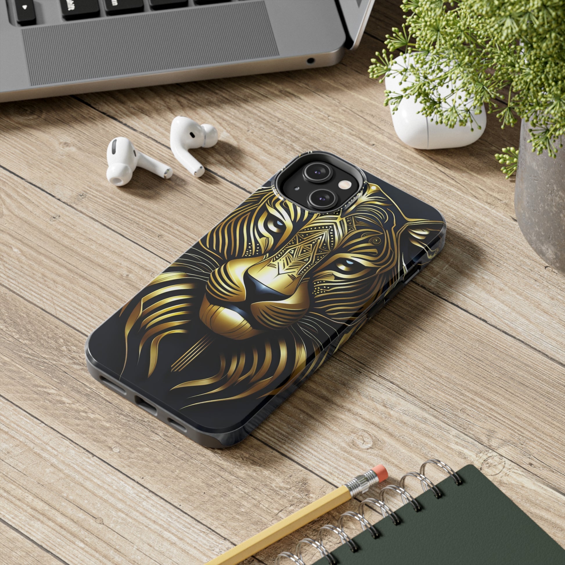 Tough Phone Case for iPhone 14 - Blue and Gold Tribal Tiger Head Art Deco Style Printed on Phone Case for iPhone 14 plus on desk