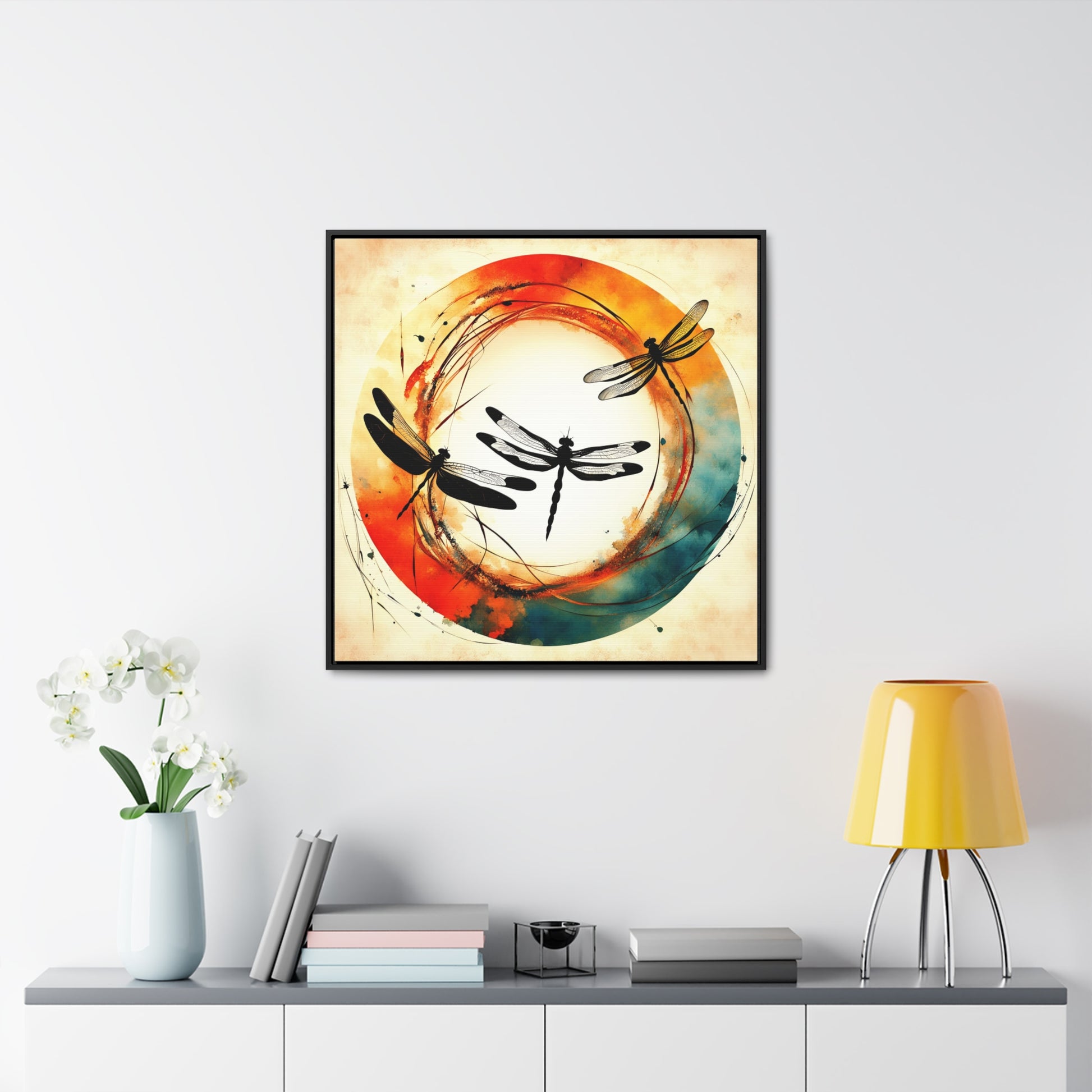 Dragonflies Silhouettes in a colorful Enso circle Print on Canvas in a Floating Frame 30x30