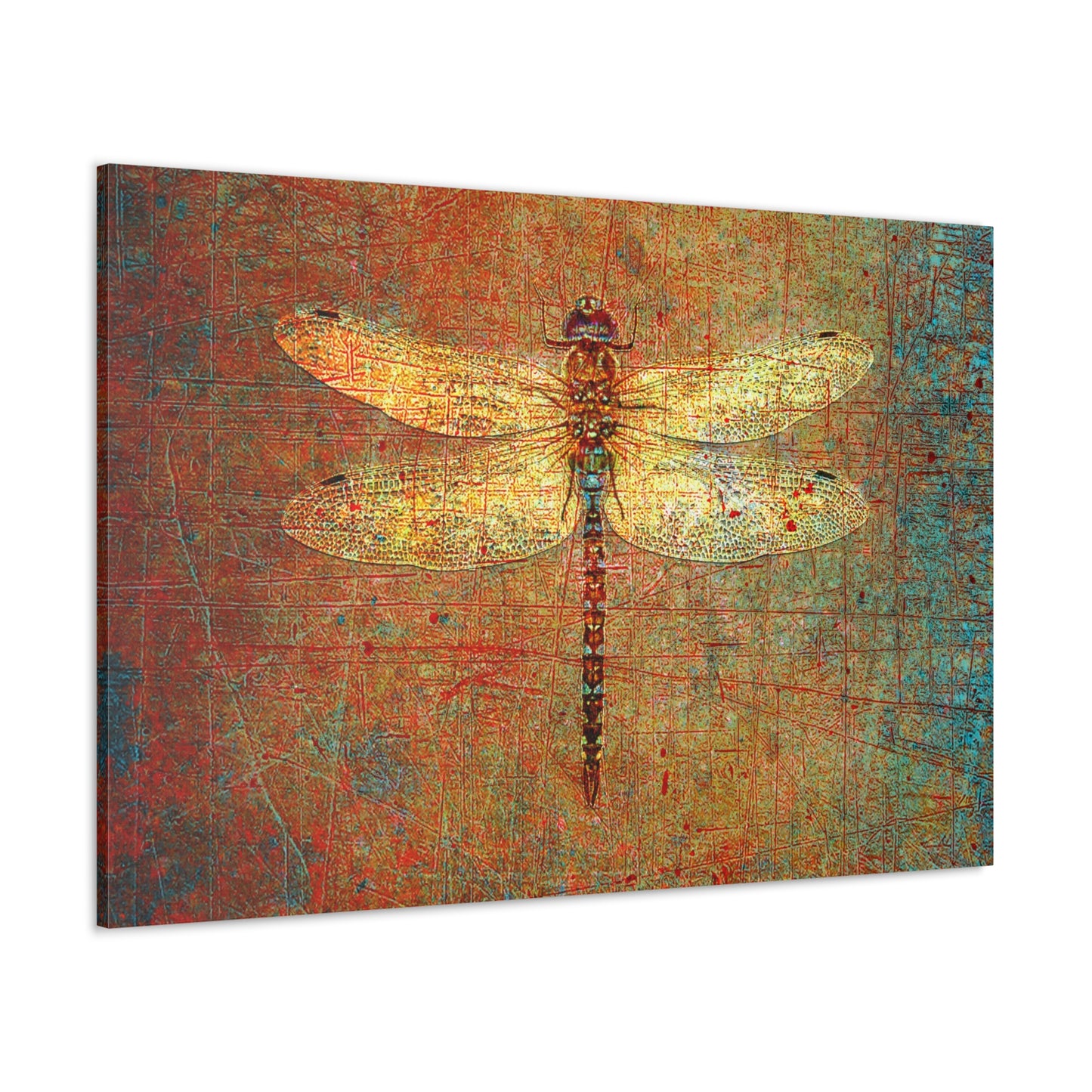 Golden Dragonfly on Distressed Orange and Green Background Print on Unframed Stretched Canvas