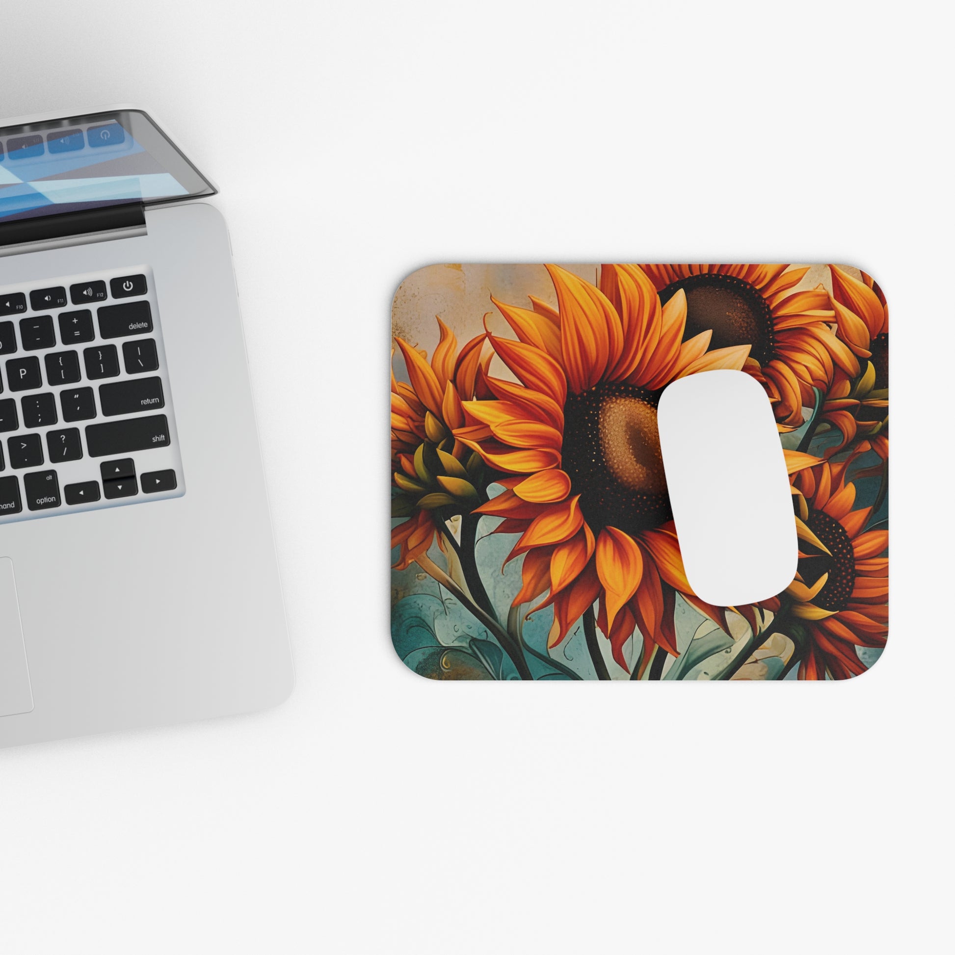 Sunflower Crop on Distressed Blue and Copper Background Printed on Mouse Pad on desk