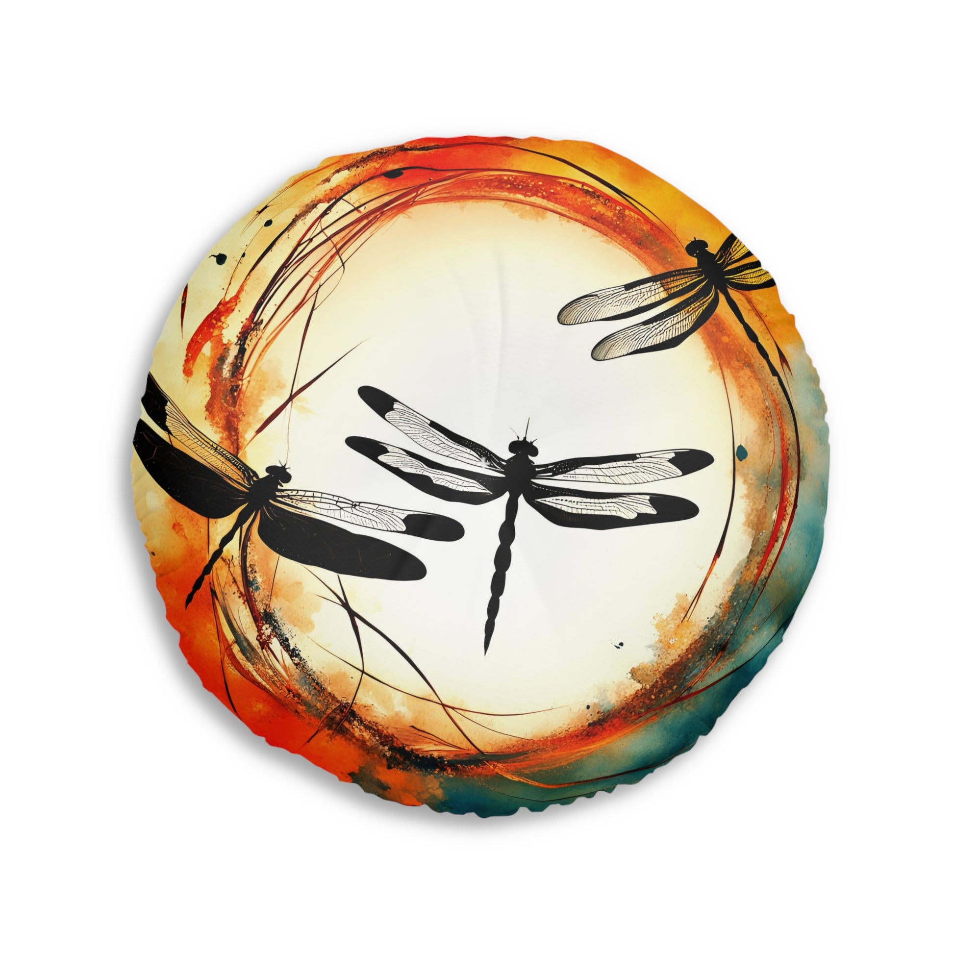 Dragonflies Silhouettes in a colorful Enso circle print on 2 Sided Round Tufted Floor Pillow back